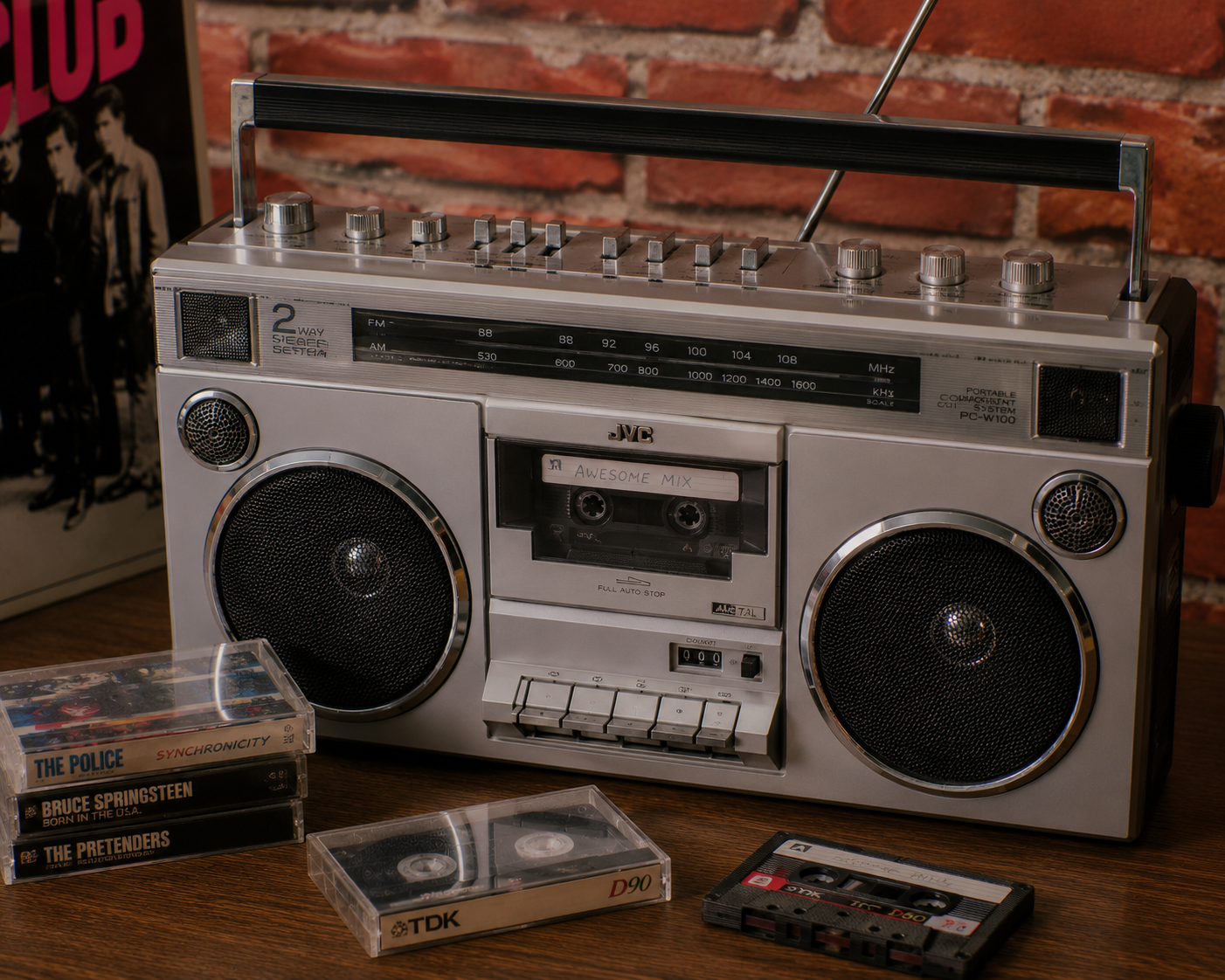A vintage silver boombox sits on a table with cassette tapes nearby. A brick wall and part of a music album cover are in the background.