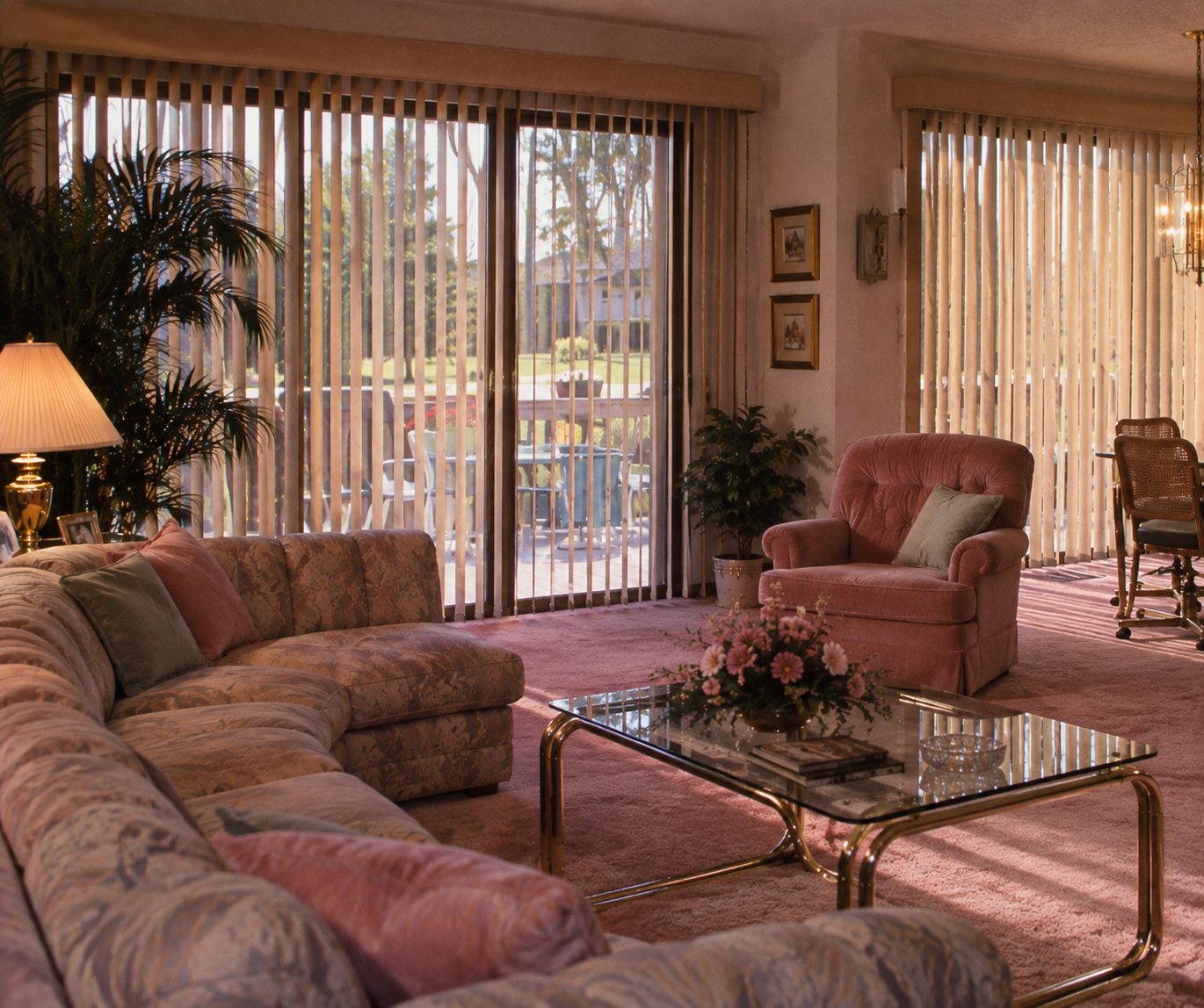 A cozy living room with a floral sofa, pink armchair, glass coffee table with flowers, pink carpet, and large windows with vertical blinds letting in sunlight, overlooking a green outdoor area. 1980s home trends.