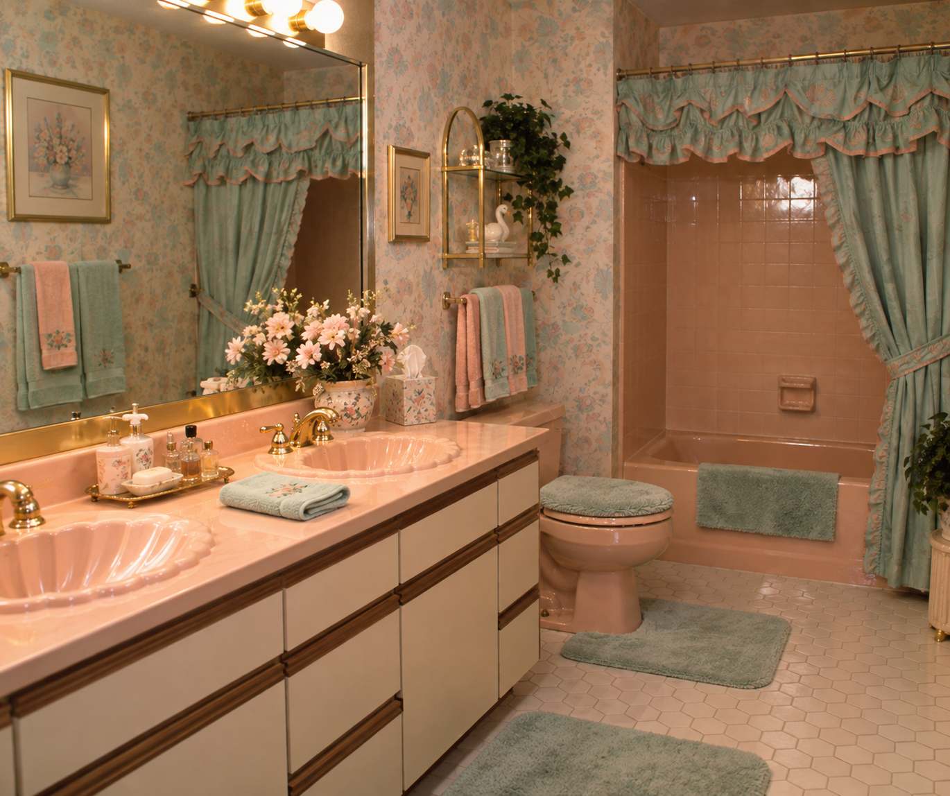 A vintage bathroom with pastel pink sinks and toilet, floral wallpaper, double vanity, gold fixtures, green towels, matching tub curtains, and green rugs. Flowers and framed art add decorative touches.
