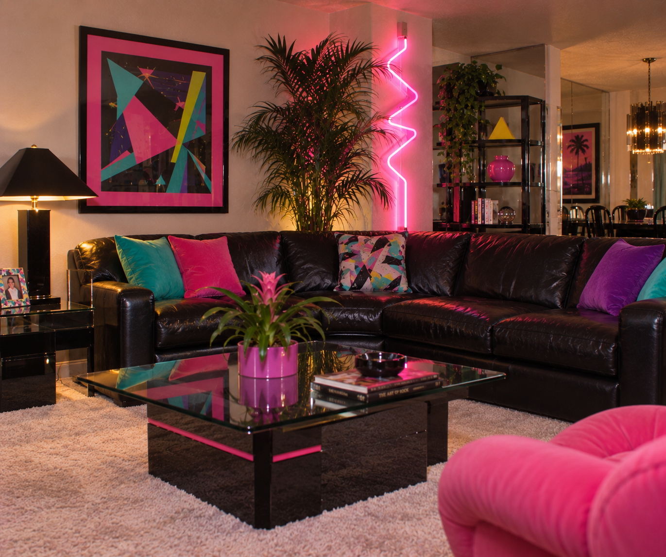 A retro living room with a black leather sectional, neon lights, tropical plants, geometric art, and vibrant pink, teal, and purple accents, capturing an 80s aesthetic.