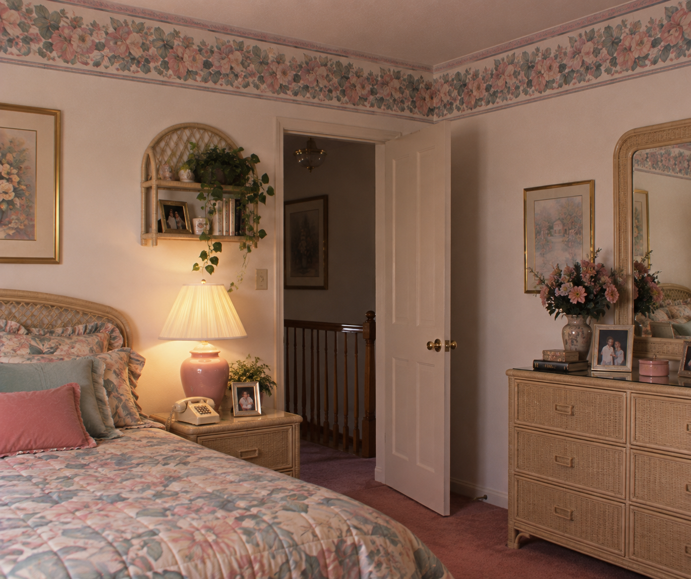 A cozy bedroom with floral wallpaper, a bed with a floral bedspread, a wicker dresser with a mirror, framed art, and a lamp on a nightstand. An open door reveals a hallway with a wooden railing.