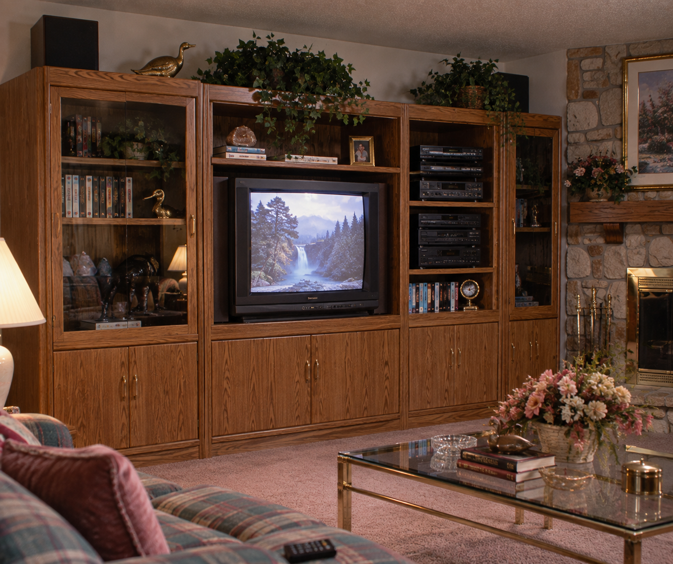 A living room with a large wooden entertainment center, TV showing a waterfall scene, books, stereo equipment, plants, a glass coffee table with flowers, and a plaid sofa. A fireplace is visible on the right.
