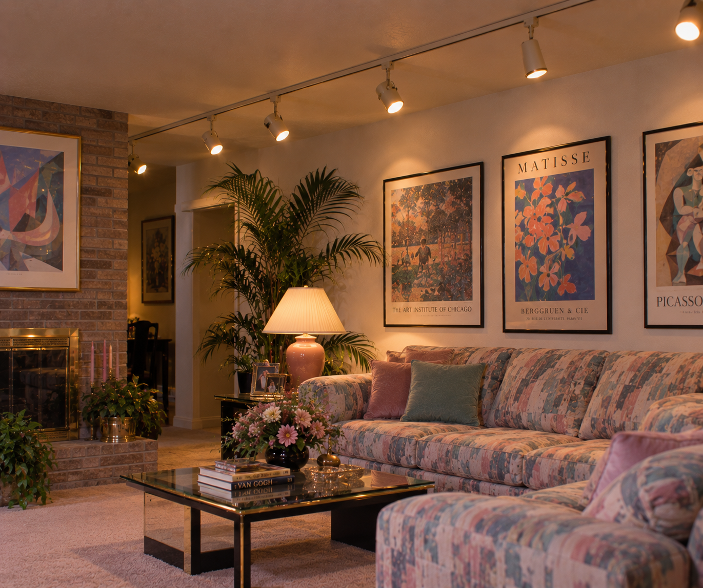 A cozy living room with a floral-patterned sofa, glass coffee table, table lamp, indoor plants, and framed art prints on the wall. Track lighting illuminates the space, and a brick fireplace is visible to the left.