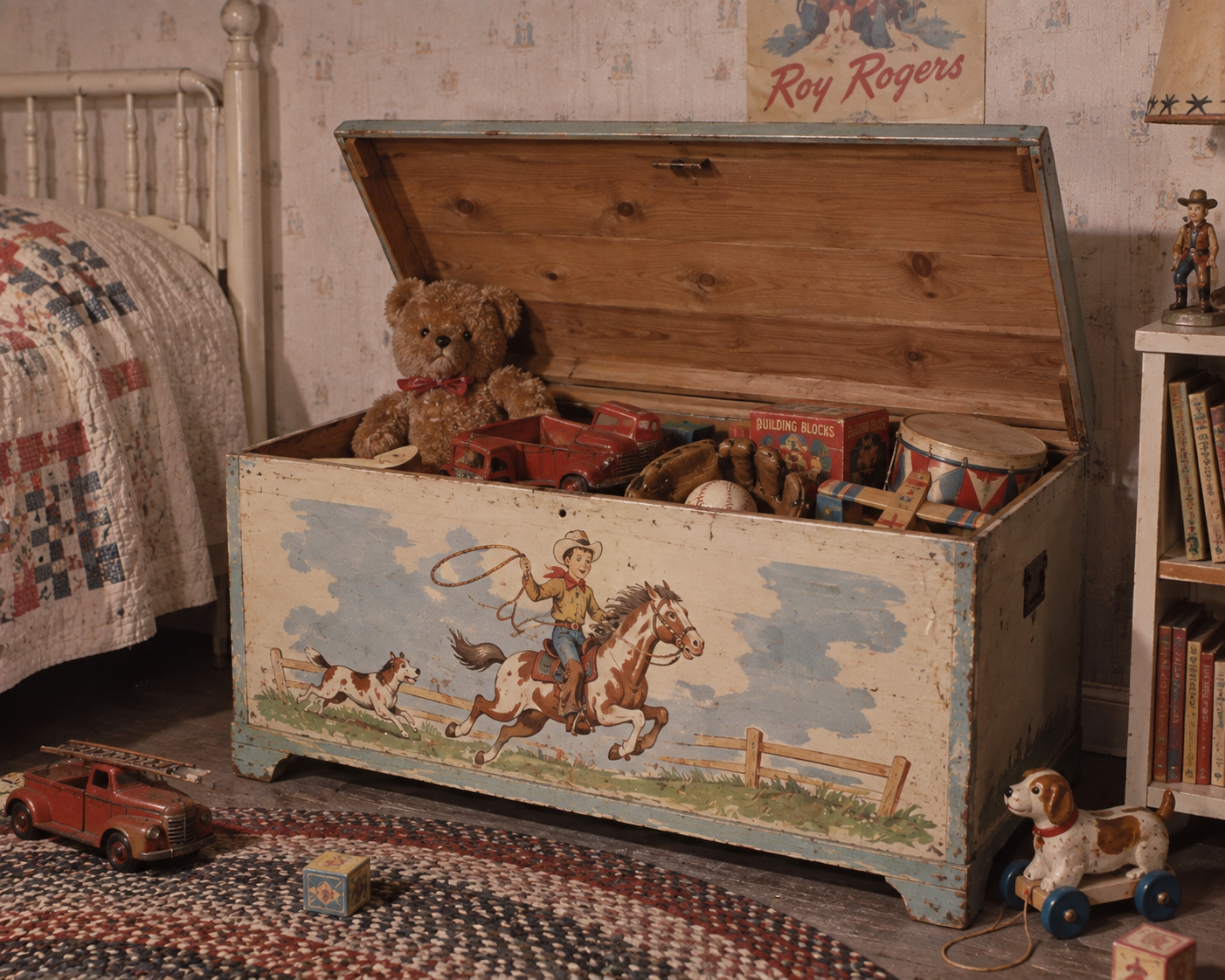 A vintage toy chest with a cowboy illustration sits open, filled with old toys like a teddy bear, toy trucks, blocks, and a drum, next to a bed with a patchwork quilt and a braided rug.