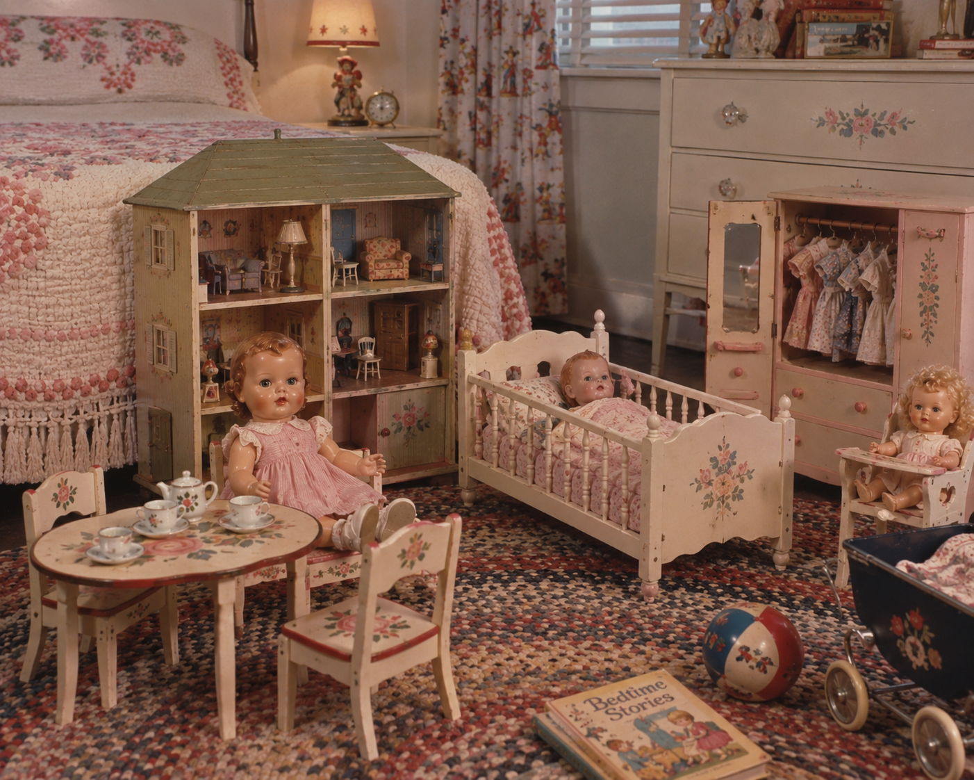 A vintage-style bedroom with dolls, a dollhouse, doll bed, painted furniture, a tea set, a ball, and a “Bedtime Stories” book on a colorful braided rug. The scene is cozy and nostalgic.