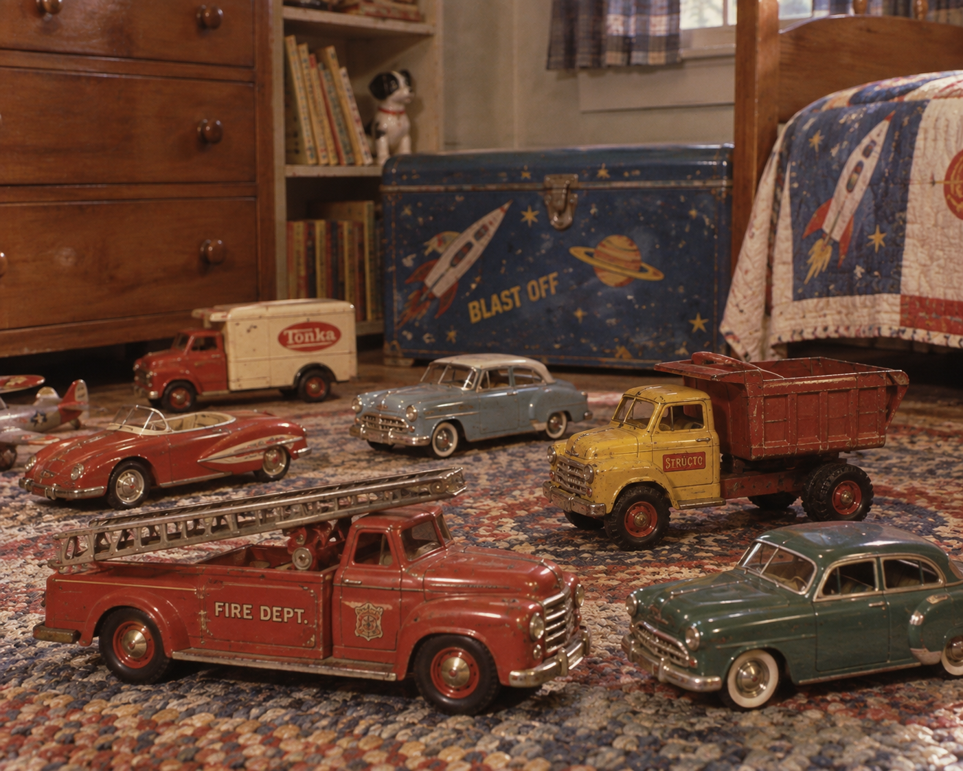 Vintage toy cars and trucks are scattered on a patterned carpet in a cozy bedroom, with a blue trunk decorated with rockets and the words “BLAST OFF” in the background. A bookcase and bed are also visible.