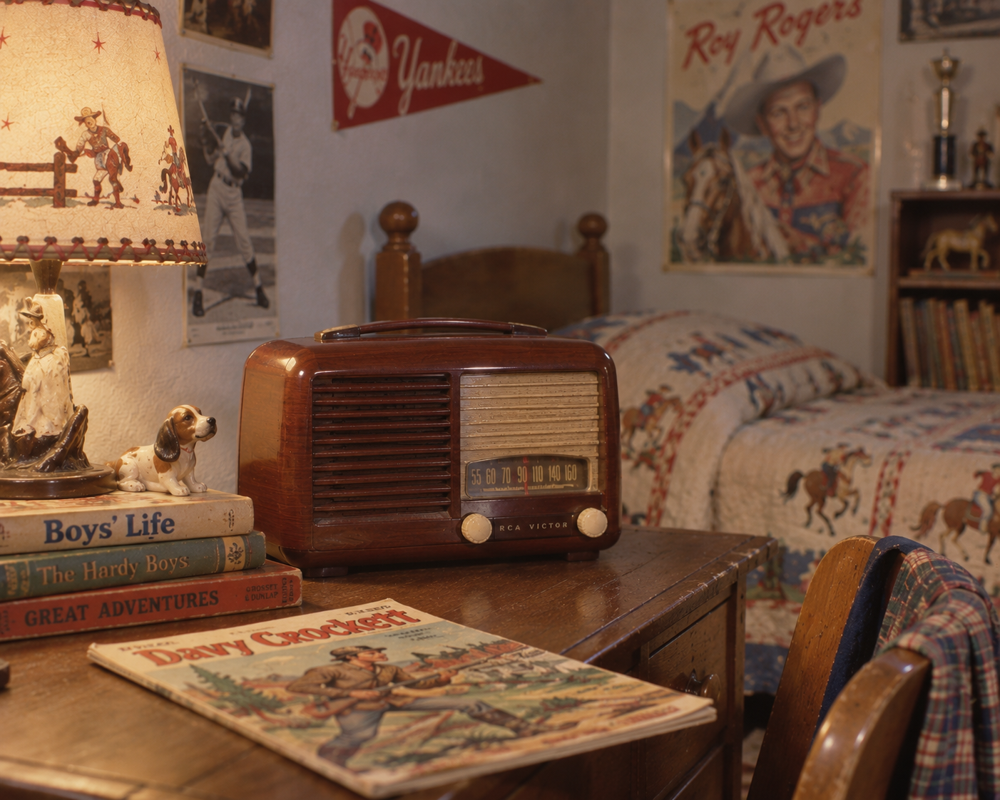 A vintage bedroom with an old RCA radio, horse-themed decor, books, and magazines on a wooden desk, and cowboy posters on the walls.