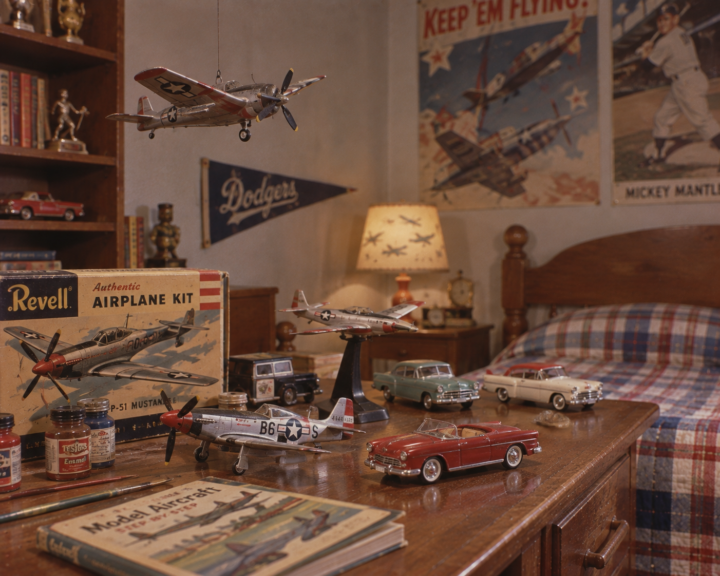 A bedroom desk with model airplanes, cars, and model kit supplies. Posters and a Dodgers pennant decorate the wall above a bed with a plaid blanket. A lamp glows beside the bed.