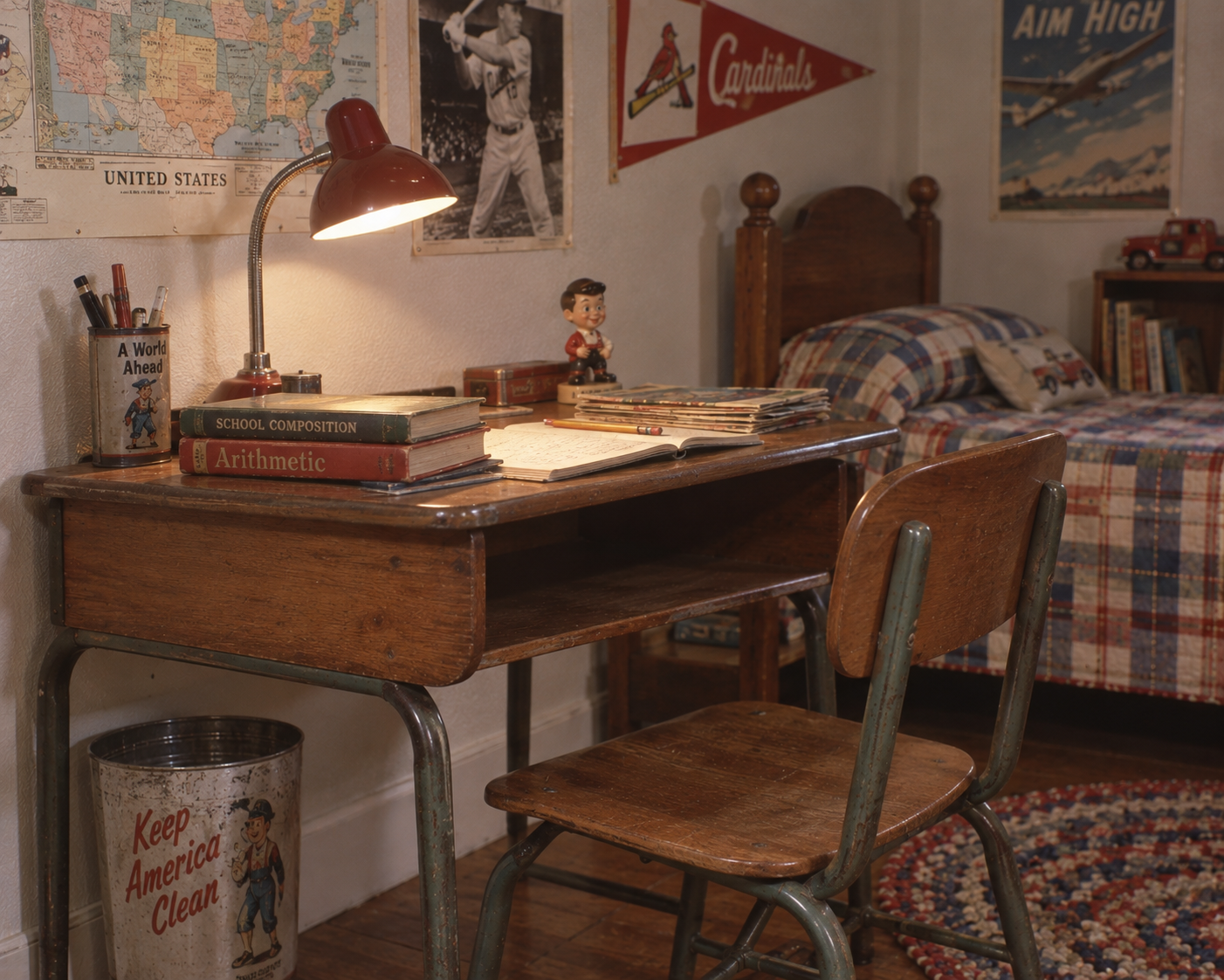 A vintage wooden desk with a lamp, books, and papers sits in a cozy bedroom with a plaid bedspread, wall posters, a map, and a “Keep America Clean” trash bin. The scene feels nostalgic and homey.