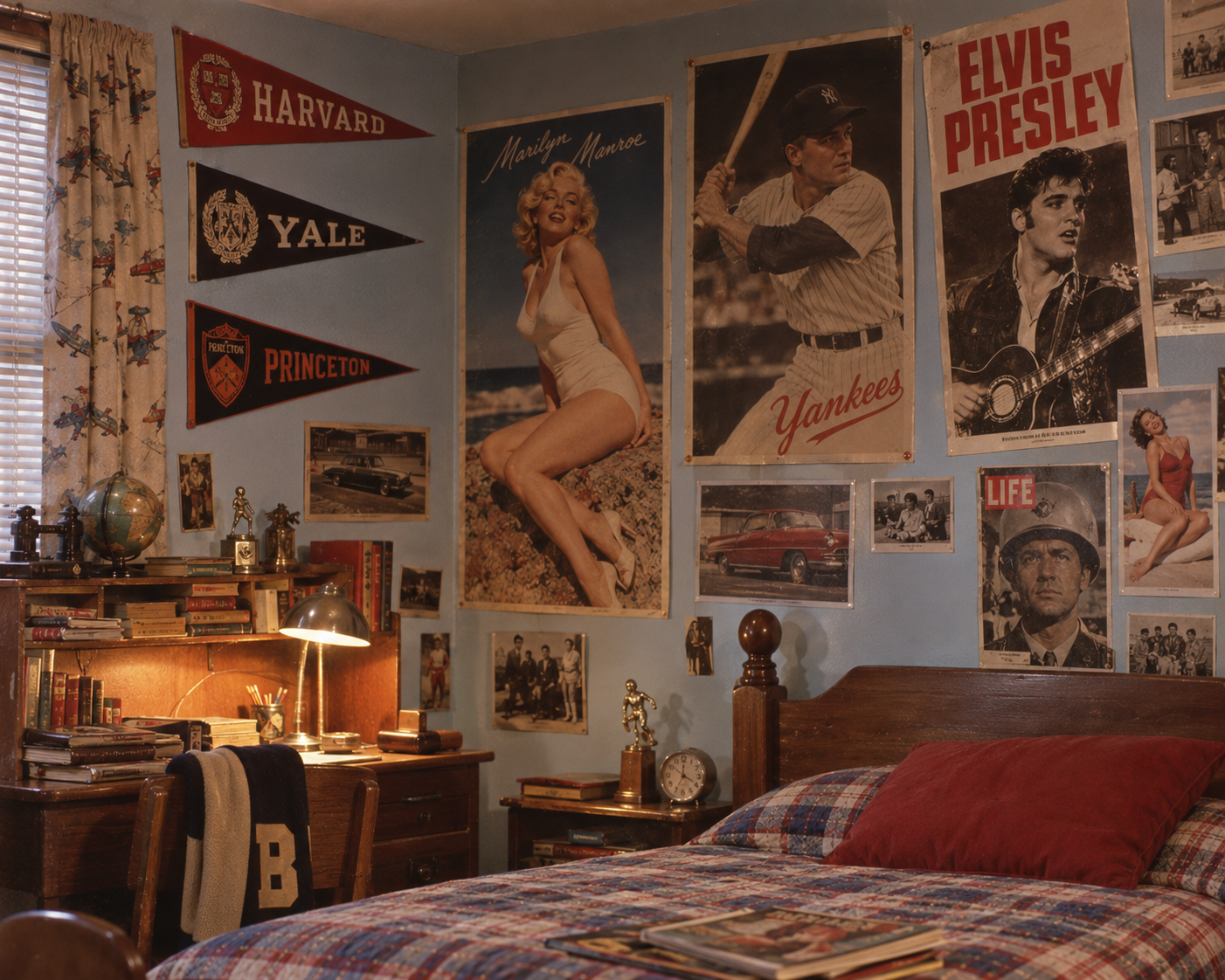 A 1950s-style bedroom with posters of Marilyn Monroe, Elvis Presley, and a baseball player, college pennants, a cluttered desk with books, and a plaid bedspread.