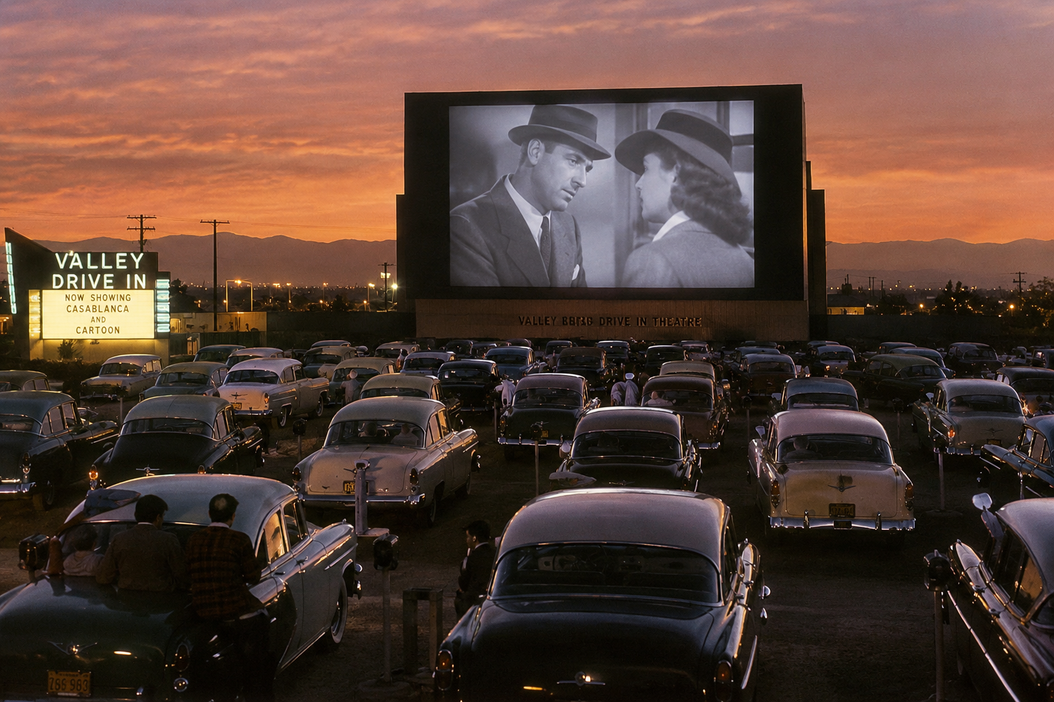 A drive-in theater at sunset shows a classic black and white film to rows of vintage cars, with people watching from their vehicles. The screen and Valley Drive-In sign glow against a colorful sky.