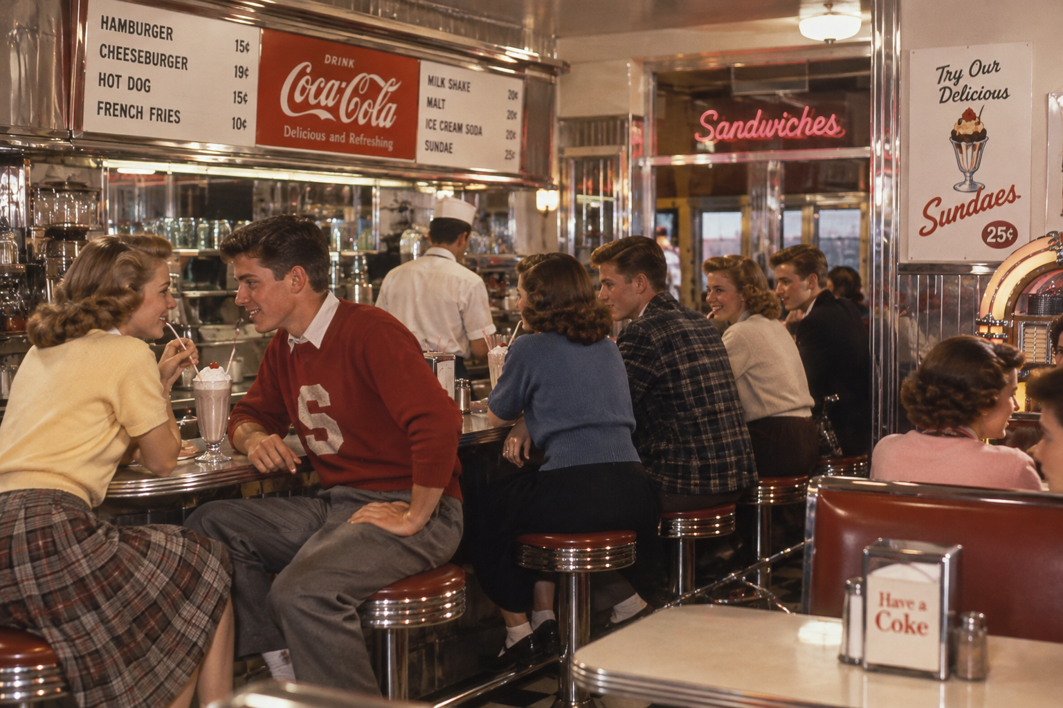 Teenagers sit at a shiny 1950s-style diner counter, drinking milkshakes and chatting. A Coca-Cola sign and menu listing burgers, fries, and hot dogs hang above the counter. The atmosphere is lively and retro.