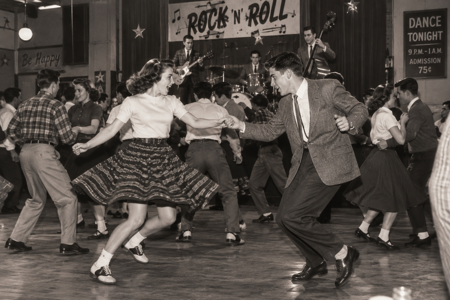 Couples dance energetically to a live rock ‘n’ roll band in a lively 1950s ballroom. A banner and decor set a festive mood, with dancers wearing vintage outfits, skirts twirling, and a band playing on stage.
