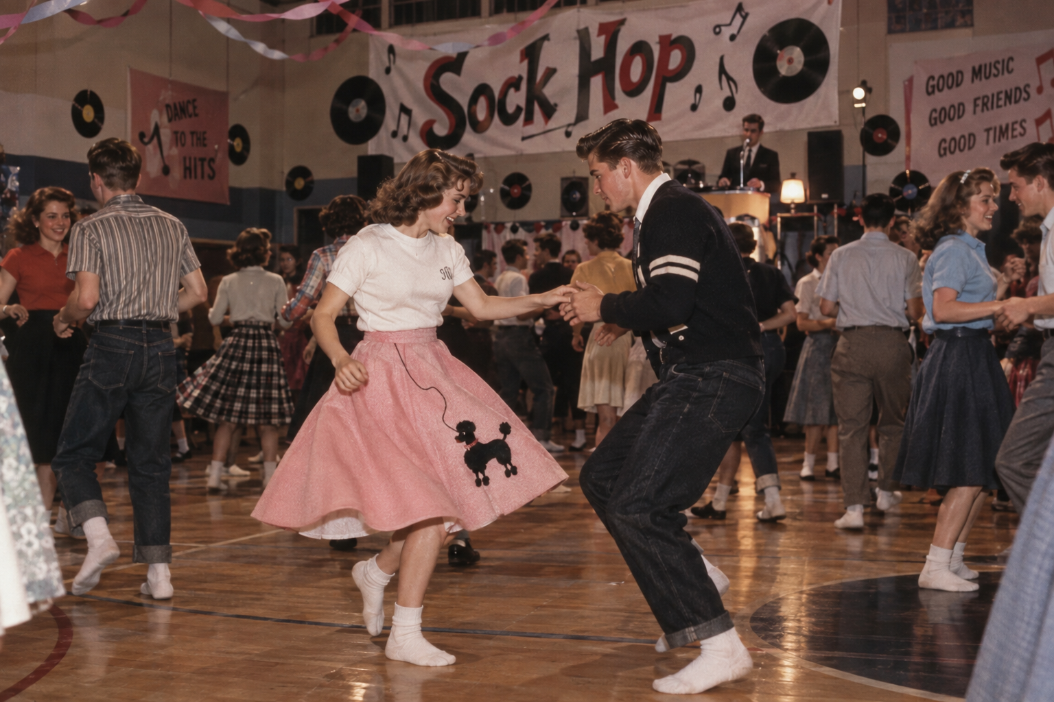 Teens in retro outfits dance energetically at a “Sock Hop” in a gym decorated with records and musical banners. A girl in a pink poodle skirt and a boy in jeans are in the center, both wearing socks.