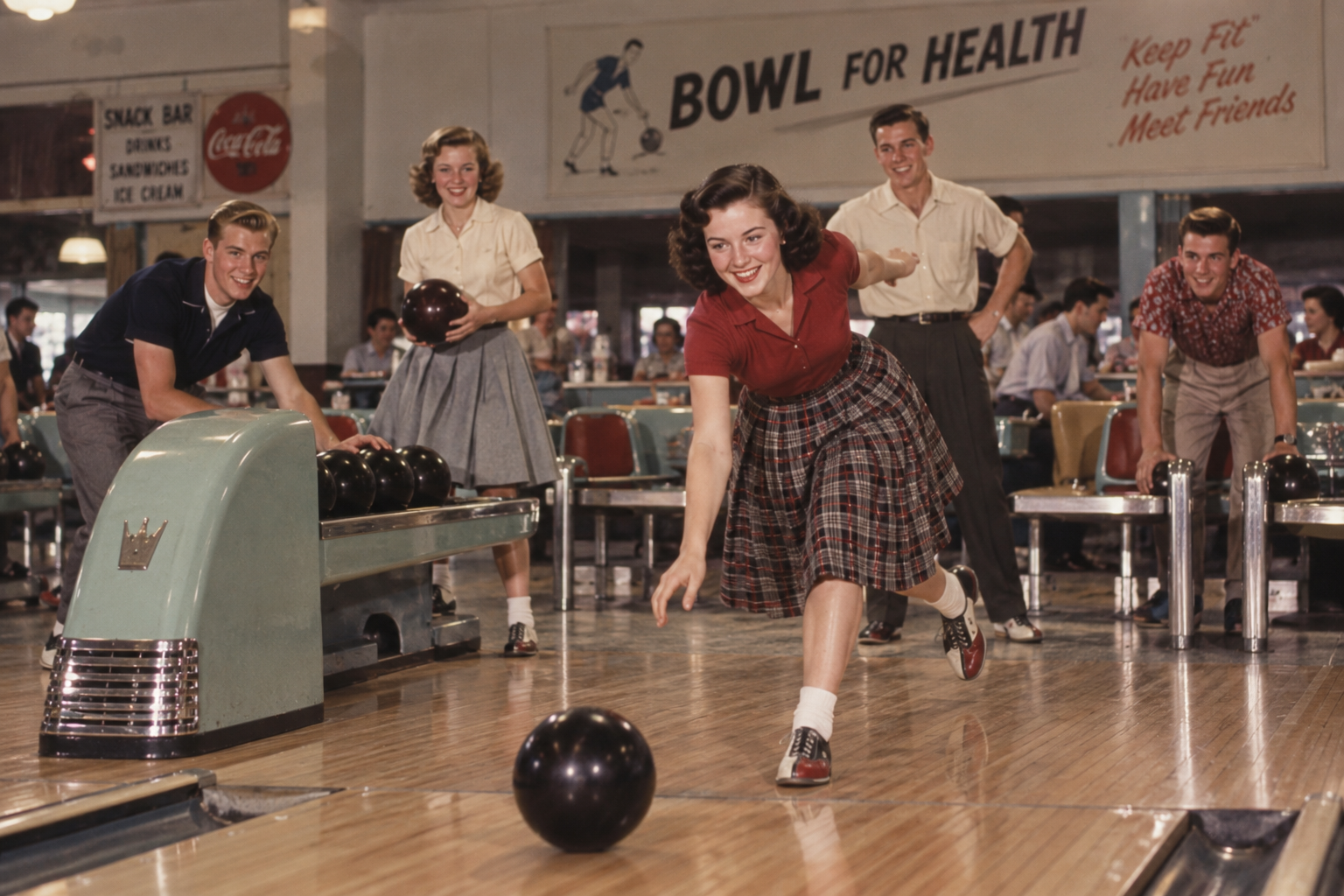 A group of teenagers in vintage clothing enjoy bowling together. A girl in a plaid skirt rolls a ball down the lane while her friends smile and watch. Signs and a snack bar are visible in the background.
