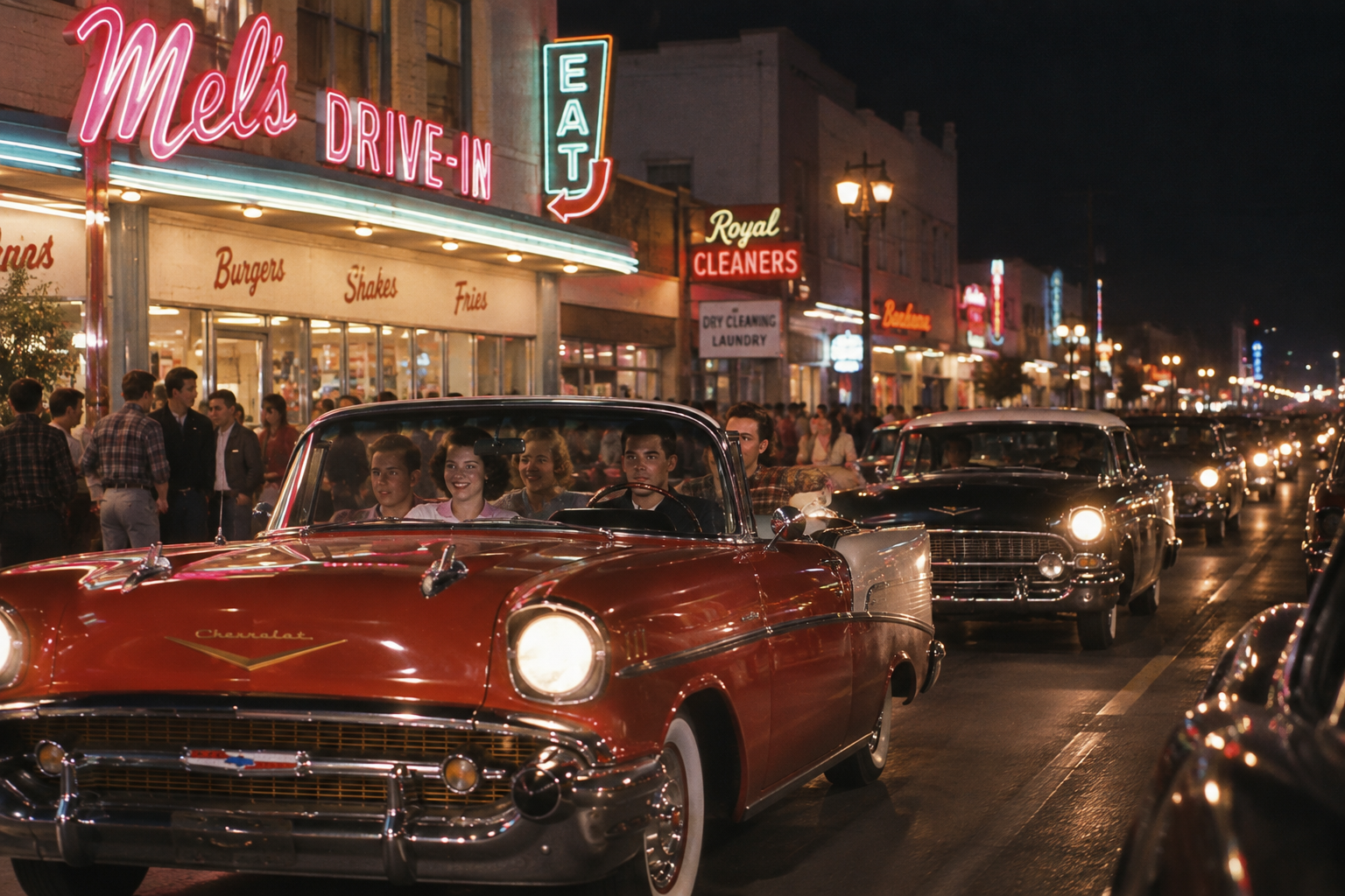 Classic red convertible with people inside drives past Mel’s Drive-In at night, with neon lights, crowds on the sidewalk, and other vintage cars lining the street in a lively, retro city scene.