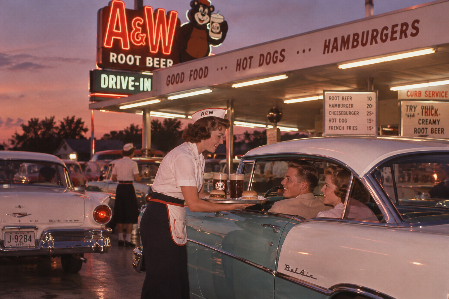 A carhop serves food and root beer to a couple in a vintage car at an A&W drive-in restaurant at sunset, with neon signs and other classic cars visible in the background.