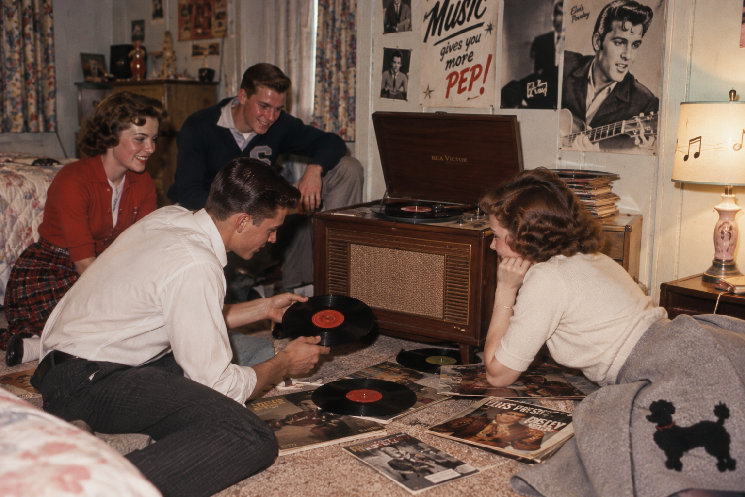 Four young adults sit on the floor around a vintage record player, listening to vinyl records in a cozy, retro-styled room decorated with music posters and magazines.