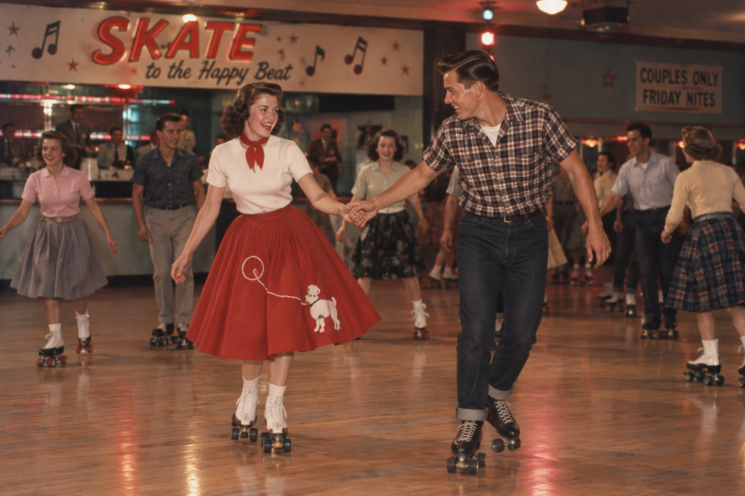 A group of people roller skating at a retro roller rink. A smiling couple in vintage clothing holds hands while skating. The woman wears a red poodle skirt and the man wears a plaid shirt and jeans. Signs decorate the rink walls.