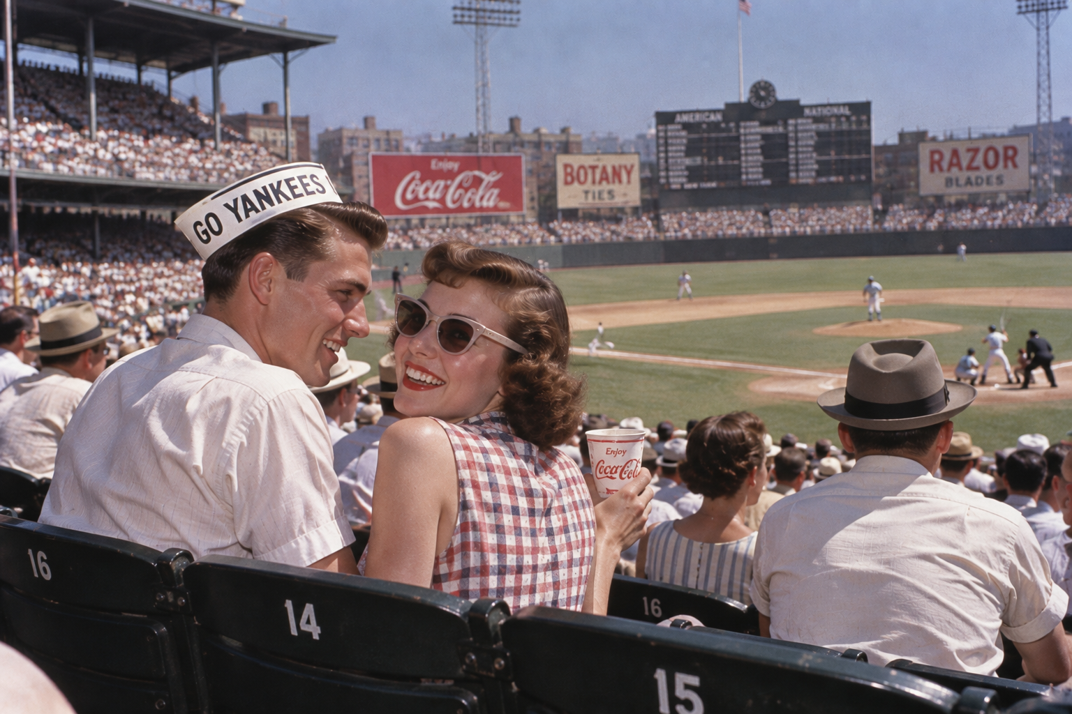 A smiling couple sits in Yankee Stadium stands during a baseball game; the man wears a “Go Yankees” hat and the woman holds a Coca-Cola cup. The field, scoreboard, and crowd are visible in the background.