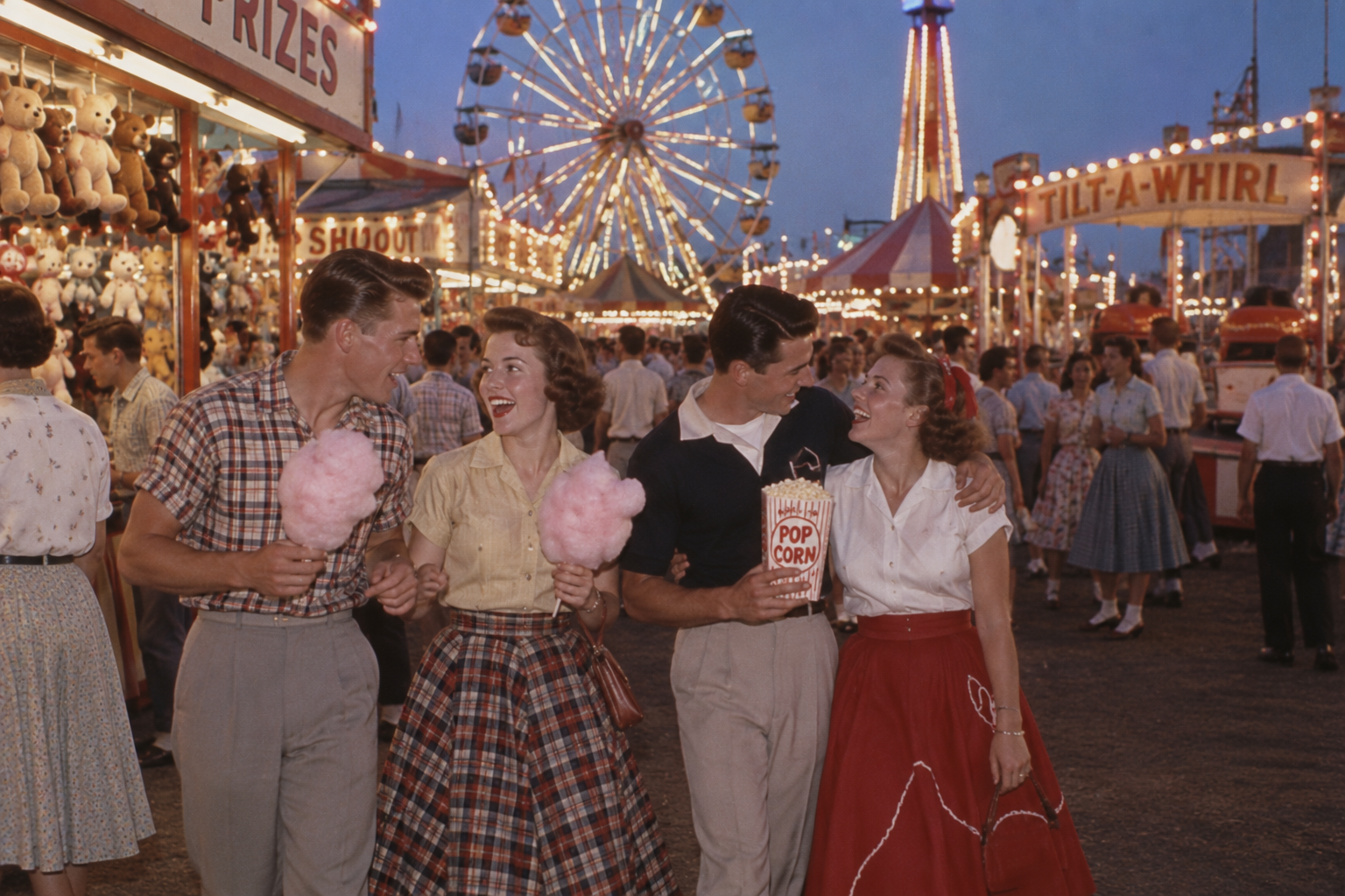 Four young adults walk at a lively carnival at dusk, smiling and holding cotton candy and popcorn. Behind them are game booths, a Ferris wheel, and a Tilt-A-Whirl ride, with crowds enjoying the festive atmosphere.