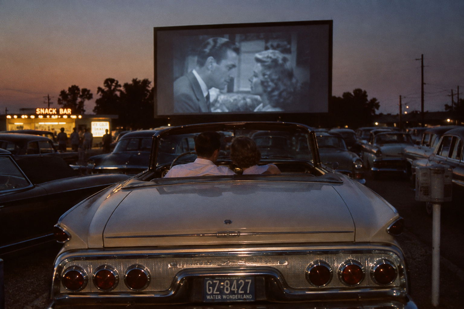 A couple sits in a classic convertible at a drive-in movie theater at dusk, watching a black-and-white film. Other vintage cars and a lit snack bar are visible in the background.