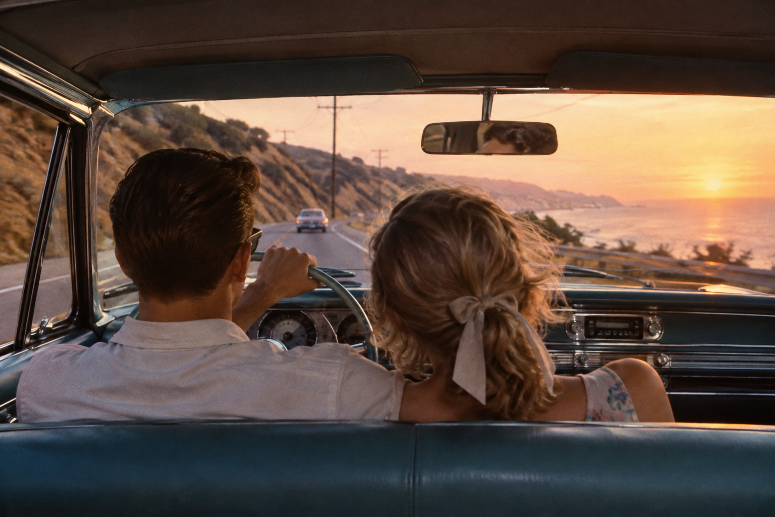 A couple drives along a coastal road at sunset, seen from the backseat of their vintage car, with the ocean and sun visible through the windshield.