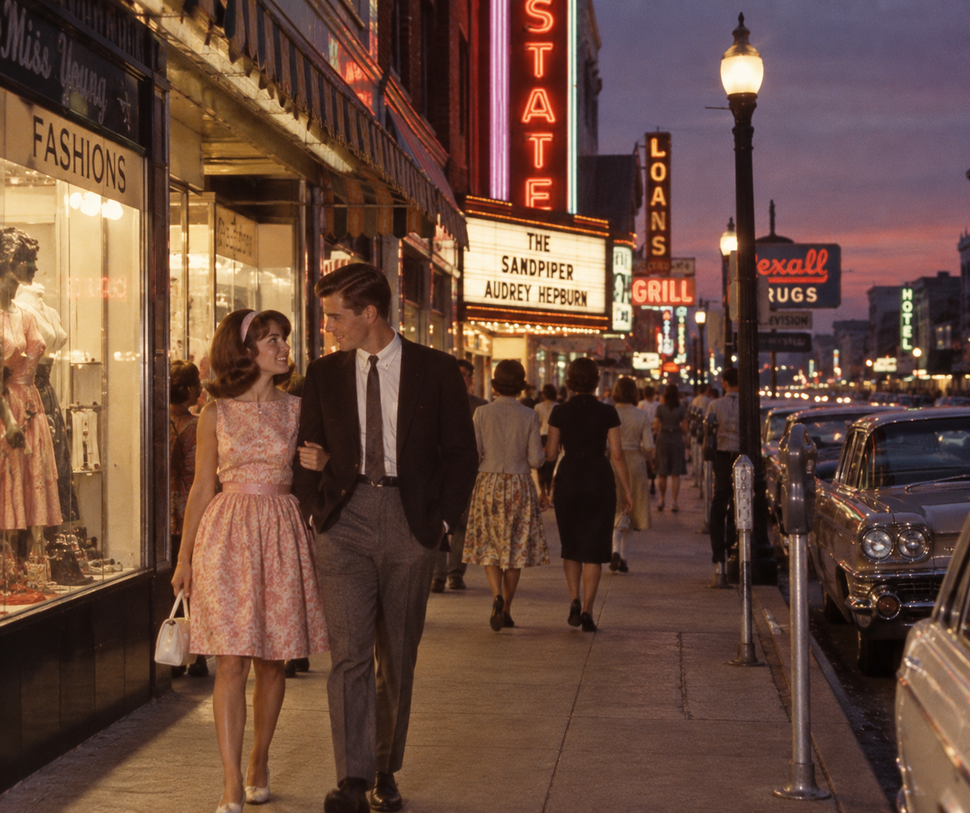 A couple walks arm-in-arm on a lively city street at dusk, passing brightly lit shop windows and a theater marquee displaying “The Sandpiper Audrey Hepburn.” Classic cars are parked along the curb. Cheap date ideas in the 1960s.