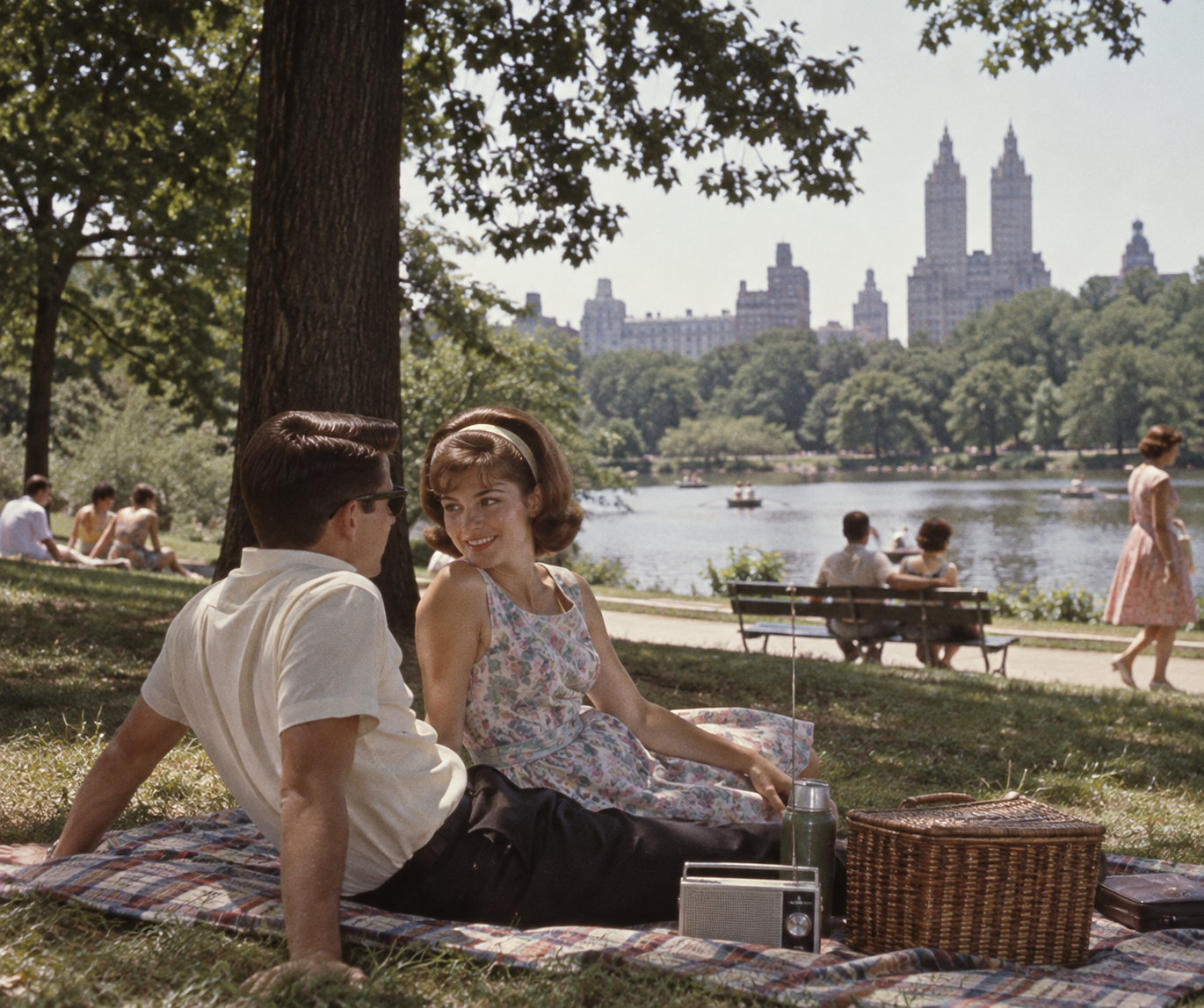 A couple sits on a plaid blanket having a picnic in a park near a lake, with tall city buildings in the background and other people nearby enjoying the sunny day.