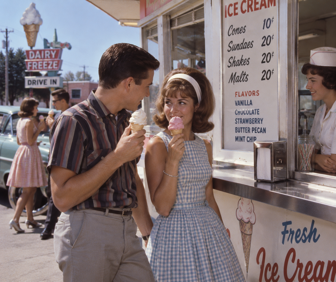 A young man and woman in retro clothing enjoy ice cream cones at an outdoor ice cream stand, smiling at each other. Other people and a classic car are in the background.