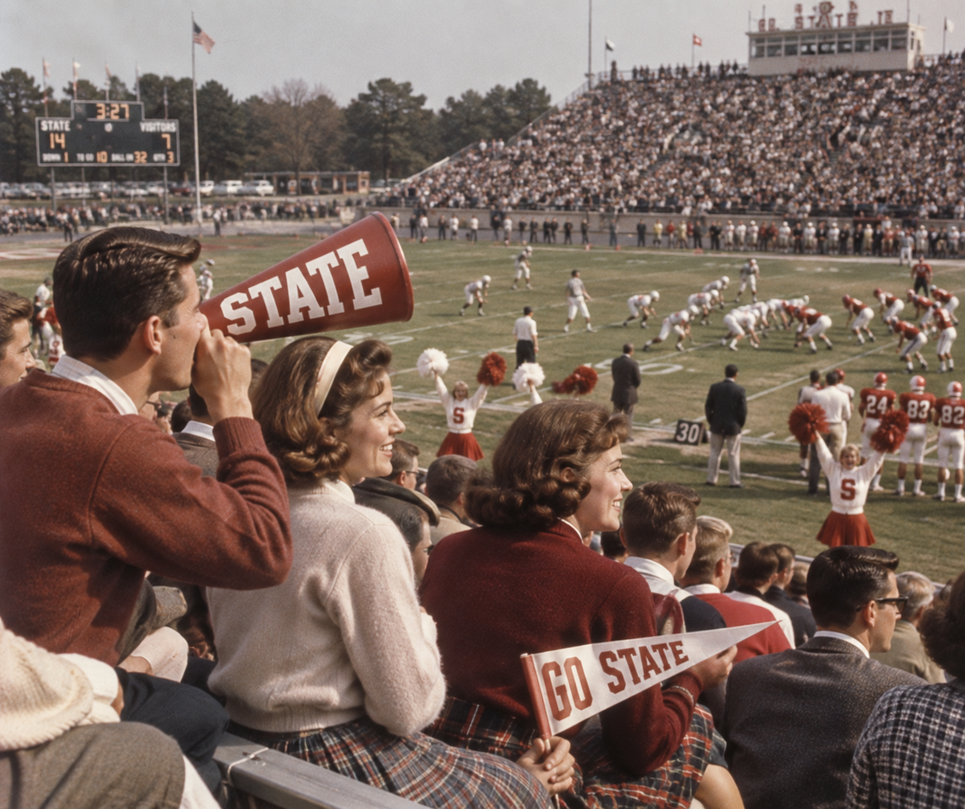 A crowd watches a football game in a packed stadium. Two fans in the foreground hold “Go State” signs and a megaphone, cheering for their team on a sunny day.
