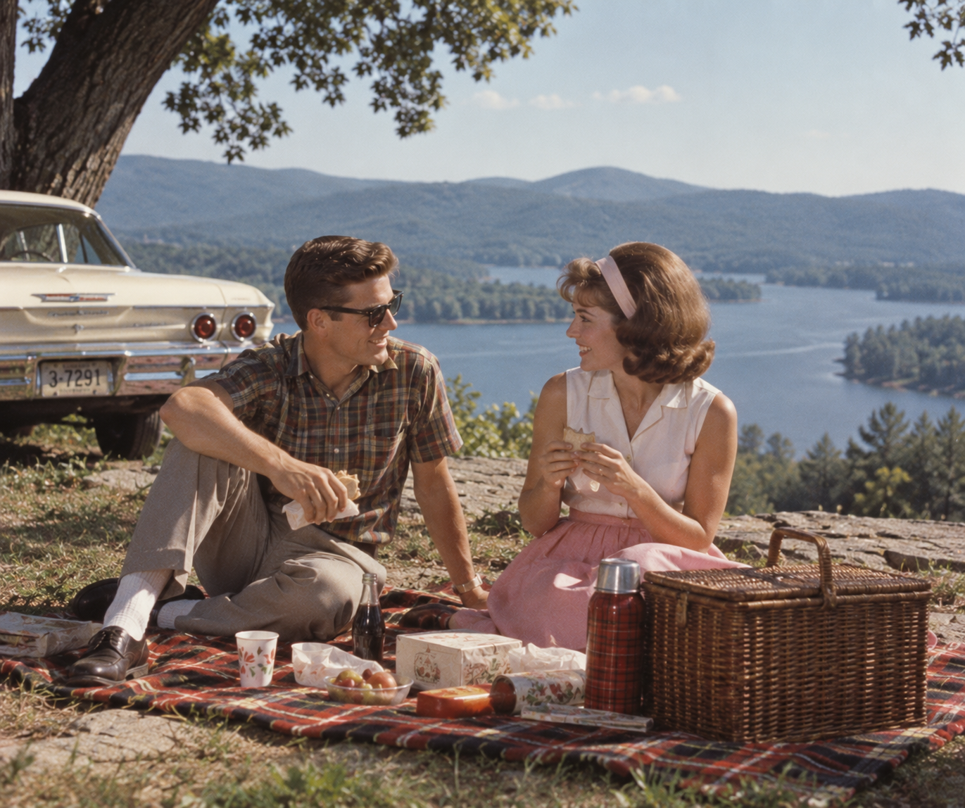 A man and woman sit on a picnic blanket with food and a basket, smiling at each other near a lake and mountains. A vintage car is parked nearby under a tree.