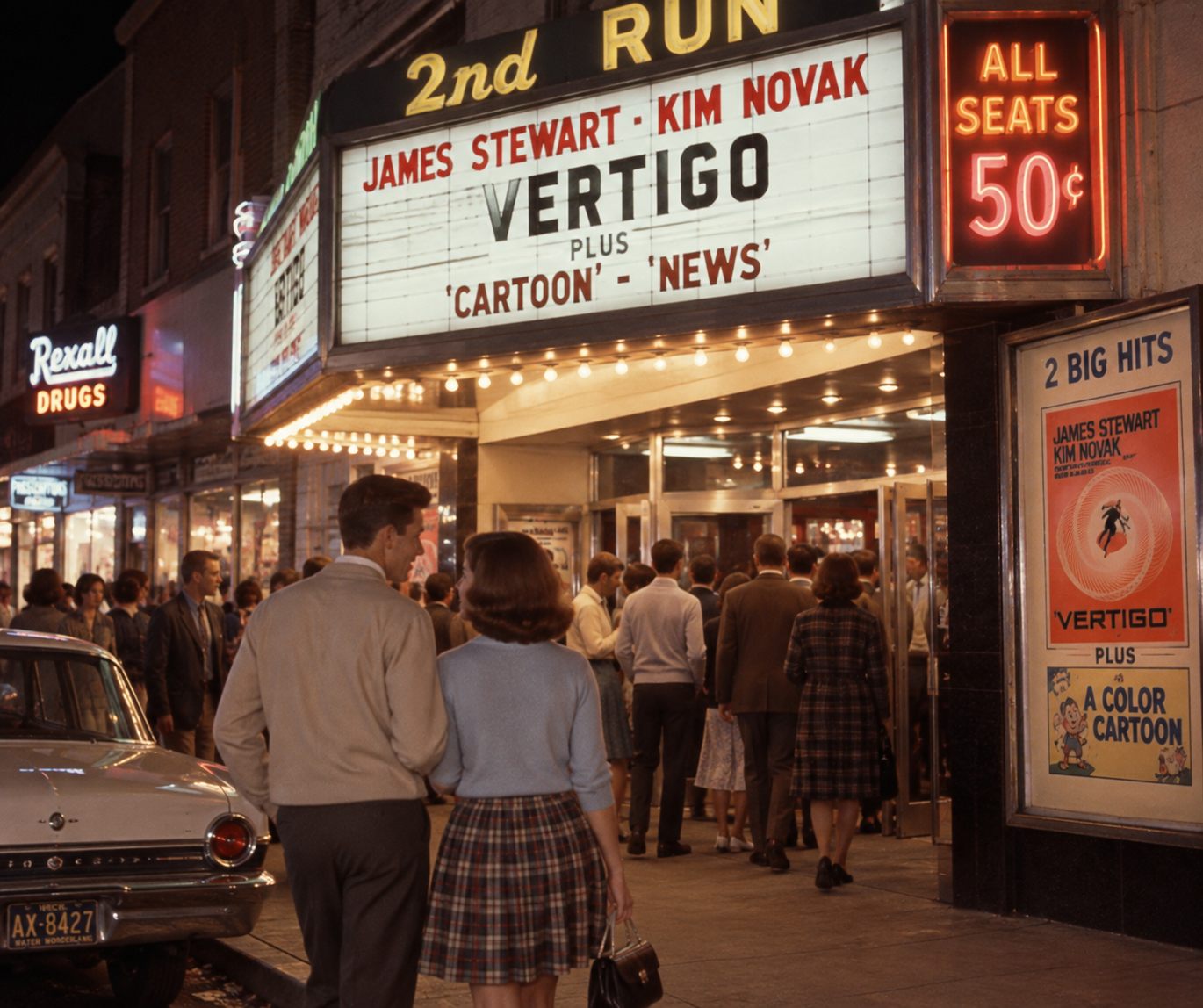 A couple walks toward a crowded movie theater at night. The marquee advertises “Vertigo” starring James Stewart and Kim Novak; all seats cost 50 cents. Neon lights and vintage cars line the street.
