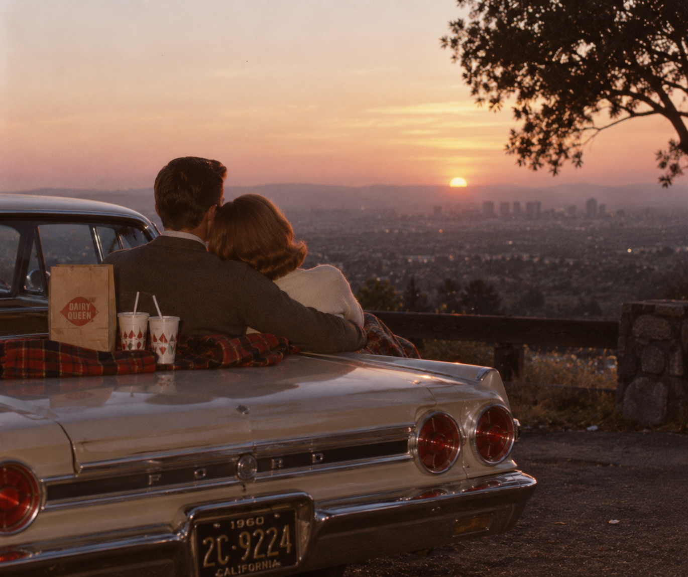 A couple sits on the back of a classic Ford car, sharing a blanket and fast food, while watching the sunset over a city skyline. Cheap date ideas in the 1960s.