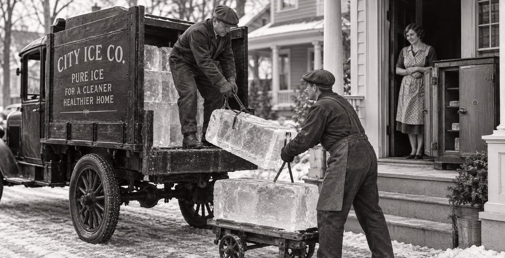 Two men unload large ice blocks from a City Ice Co. truck onto a cart, while a woman stands smiling in the doorway of a house. This bustling scene, set in the 1920s United States, captures everyday life during the early to mid-20th century.
