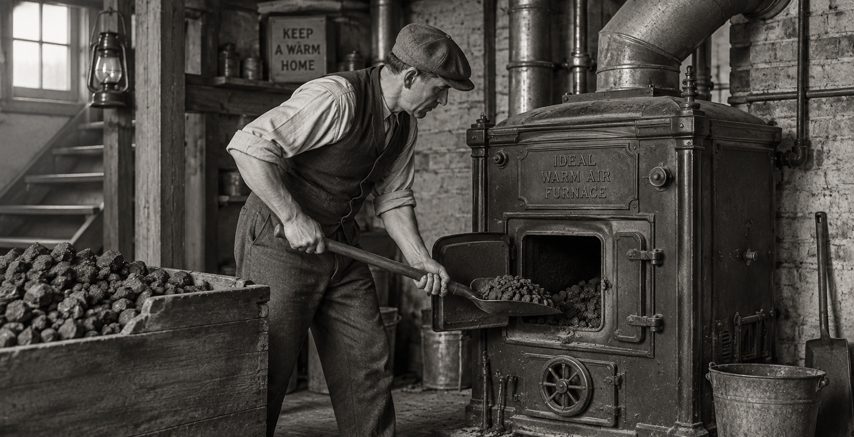 A man in vintage clothing shovels coal into an old-fashioned stove in a rustic room reminiscent of the 1920s United States, with pipes, a coal bin, and a “Keep a Warm Home” sign on the wall.