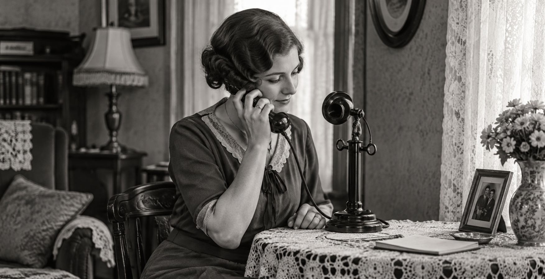 A woman in vintage clothing sits at a lace-covered table, speaking on an old-fashioned candlestick phone in a room decorated with flowers, framed photos, and antique furniture—a charming scene reminiscent of the 1920s United States.