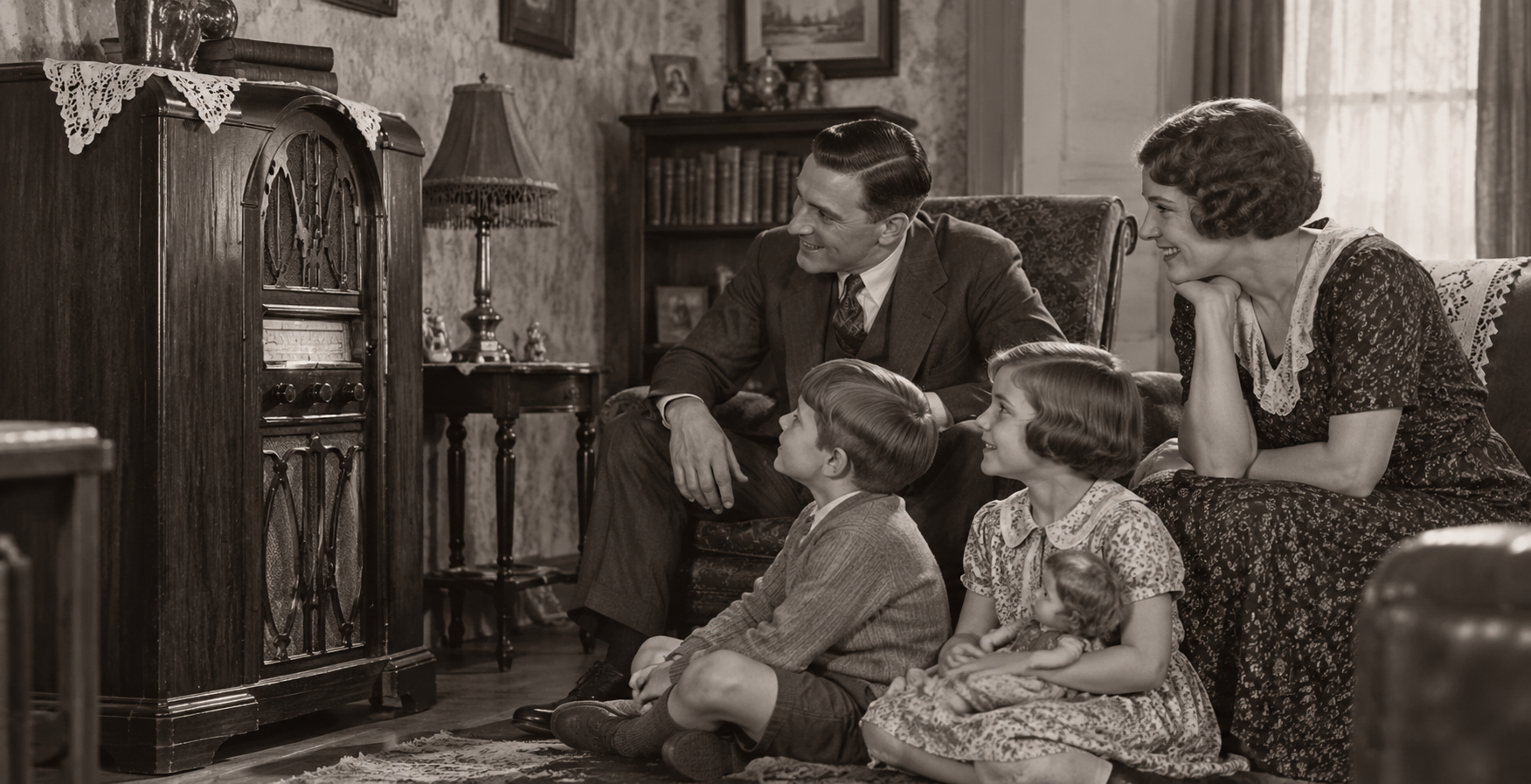 A family of four in vintage clothing sits together in a living room, intently listening to an old-fashioned radio—a classic scene from the 1920s United States. The parents sit on chairs while the two children sit on the floor. The image is in black and white.