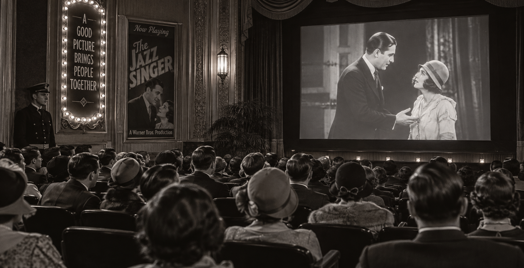 An audience in 1920s attire watches “The Jazz Singer” in a vintage theater, capturing the vibrant spirit of the 1920s United States. An usher stands by a poster reading “A Good Picture Brings People Together.” The screen shows a man and woman in an emotional scene.