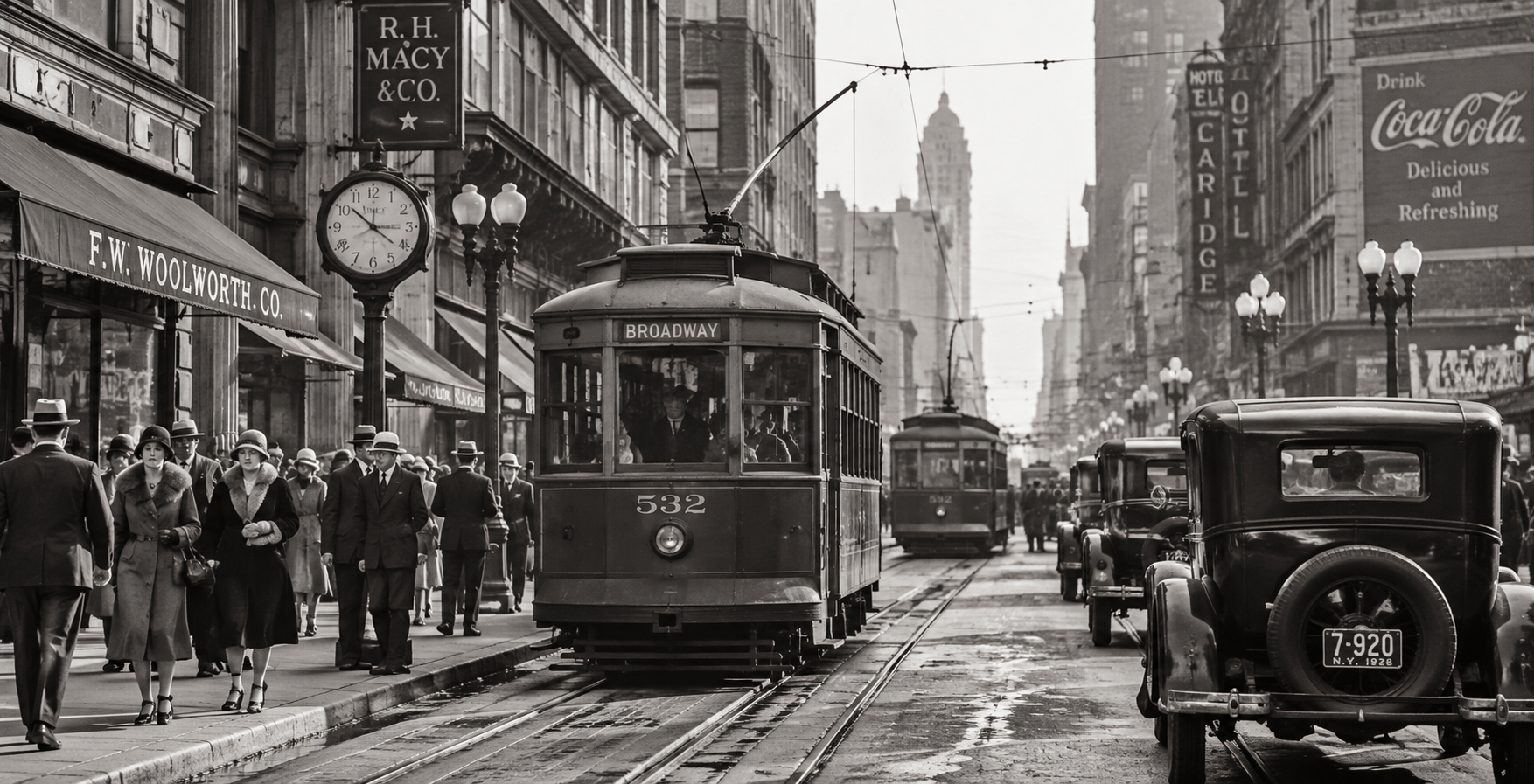 A bustling city street evocative of the 1920s United States, featuring streetcars, vintage cars, people in period clothing, storefronts, and tall buildings adorned with iconic signs for Macy’s and Coca-Cola.
