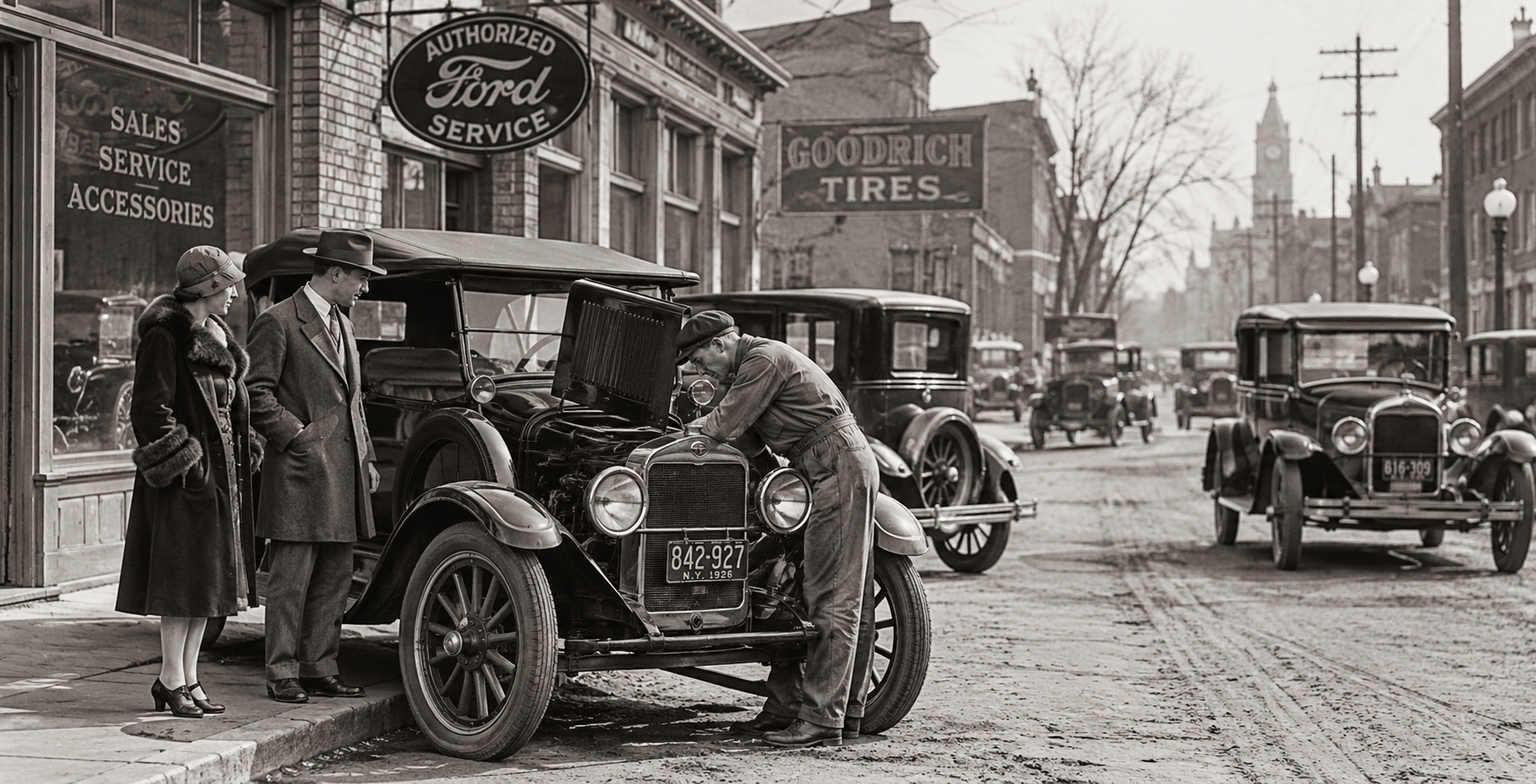 A mechanic checks under the hood of a vintage car as a man and woman watch outside a Ford service shop on a busy, early 20th-century street in the 1920s United States, with other classic cars and storefronts lining the background.