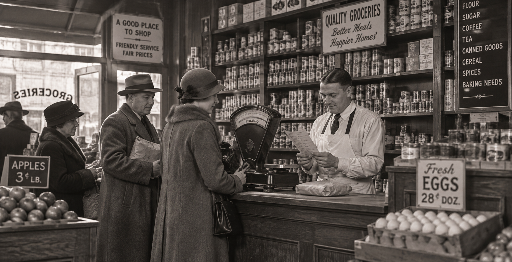 Shoppers in vintage clothing stand at a grocery store counter, interacting with a male grocer. Shelves are stocked with canned goods, and signs advertise apples, eggs, and various groceries. The scene evokes the atmosphere of the 1930s while capturing the charm of small-town life in the 1920s United States.