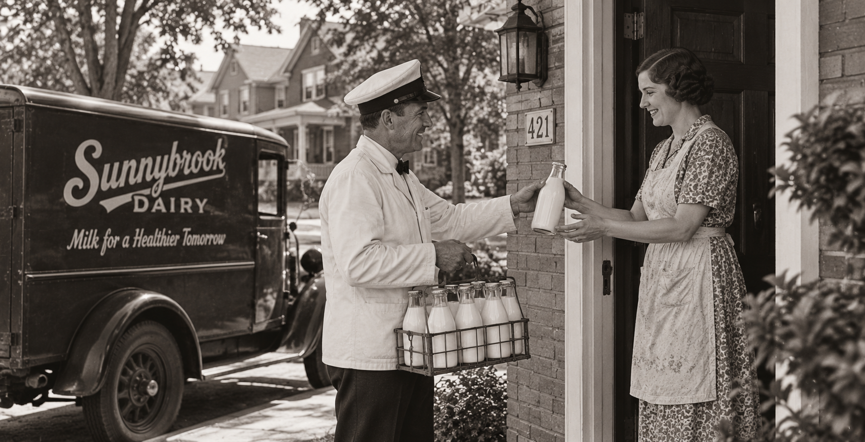 A smiling milkman hands a glass bottle of milk to a woman at her door, capturing the charm of daily life in the 1920s United States. The milkman carries a crate of bottles, and a “Sunnybrook Dairy” delivery truck is parked on the street. The scene is in black and white.