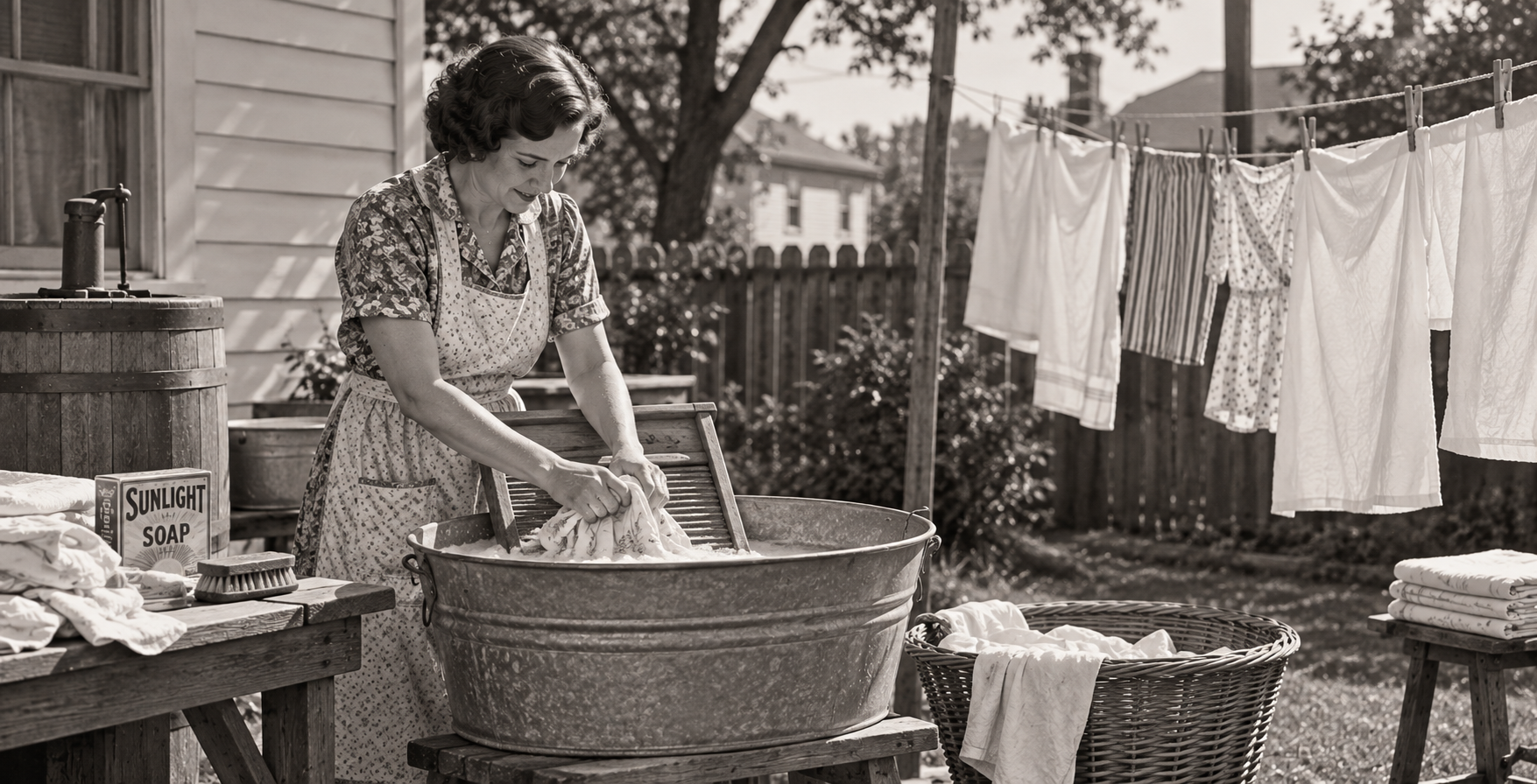 A woman in vintage clothing washes clothes with a washboard in a metal tub outdoors, evoking the daily routines of the 1920s United States. Laundry hangs on a clothesline nearby; a box of Sunlight Soap sits on the table. The scene appears to be from the early to mid-20th century.