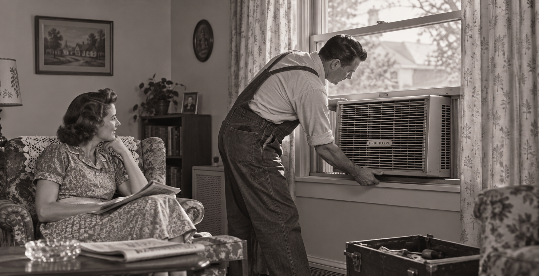 A man installs a window air conditioner as a woman sits nearby reading in a vintage living room. The scene, reminiscent of the 1920s United States, is rendered in black and white, suggesting a bygone era.