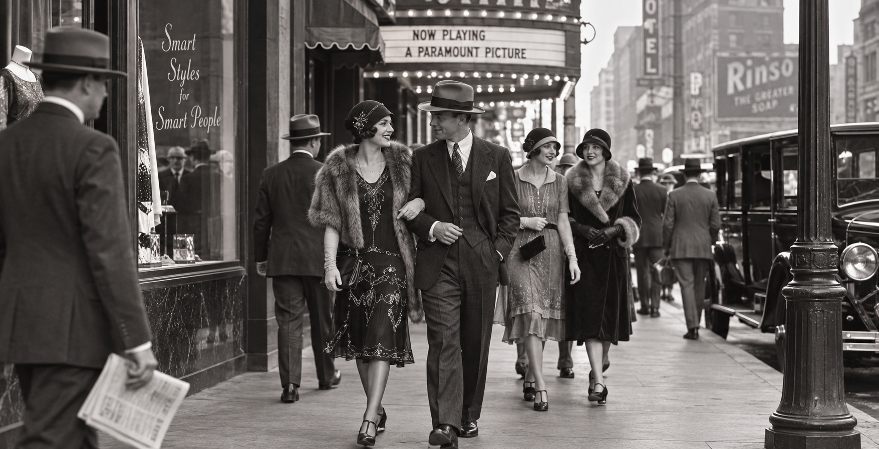 People in 1920s-style clothing walk down a busy city sidewalk, evoking the vibrant spirit of the 1920s United States. Storefronts, vintage cars, and a movie theater marquee are visible. The scene is lively and captures the fashion and atmosphere of the era.