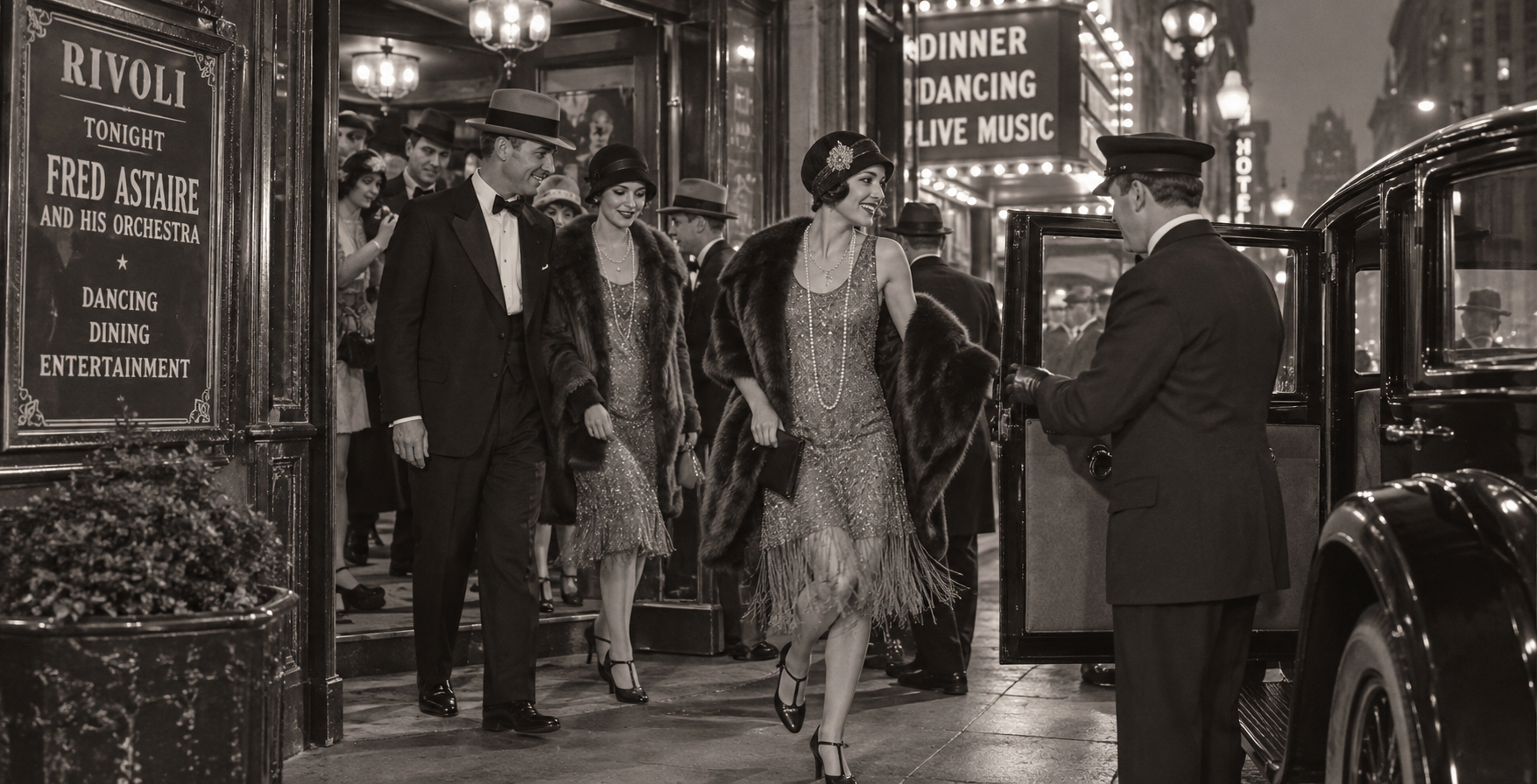 Women in flapper dresses and men in tuxedos arrive at a theater entrance at night, greeted by a doorman. The lively scene captures the spirit of the 1920s United States, with bright marquee signs advertising dancing and live music. The image is in black and white.
