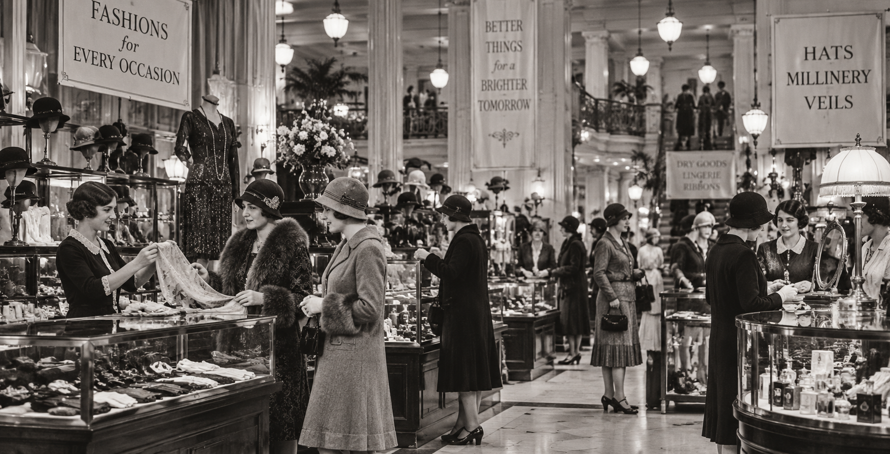 A vintage department store scene in the 1920s United States shows women in stylish 1920s attire shopping for hats and accessories beneath tall ceilings and large banners. Glass display cases and elegant decor fill the bustling space.