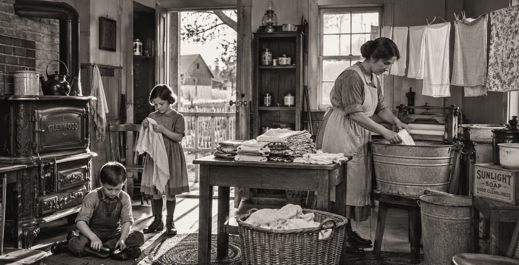 A woman washes clothes in a metal tub while a girl folds laundry and a young boy sits nearby in a vintage kitchen, evoking the daily rhythms of the 1920s United States. Sunlight streams through the open door, and laundry hangs in the background.