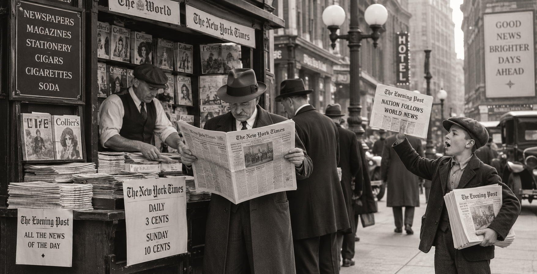 A bustling 1930s city street scene with men reading newspapers at a newsstand, while a young newsboy enthusiastically sells papers to passersby. Signs advertise the latest editions and prices, evoking the vibrant energy of the 1920s United States as modern life continues to unfold.